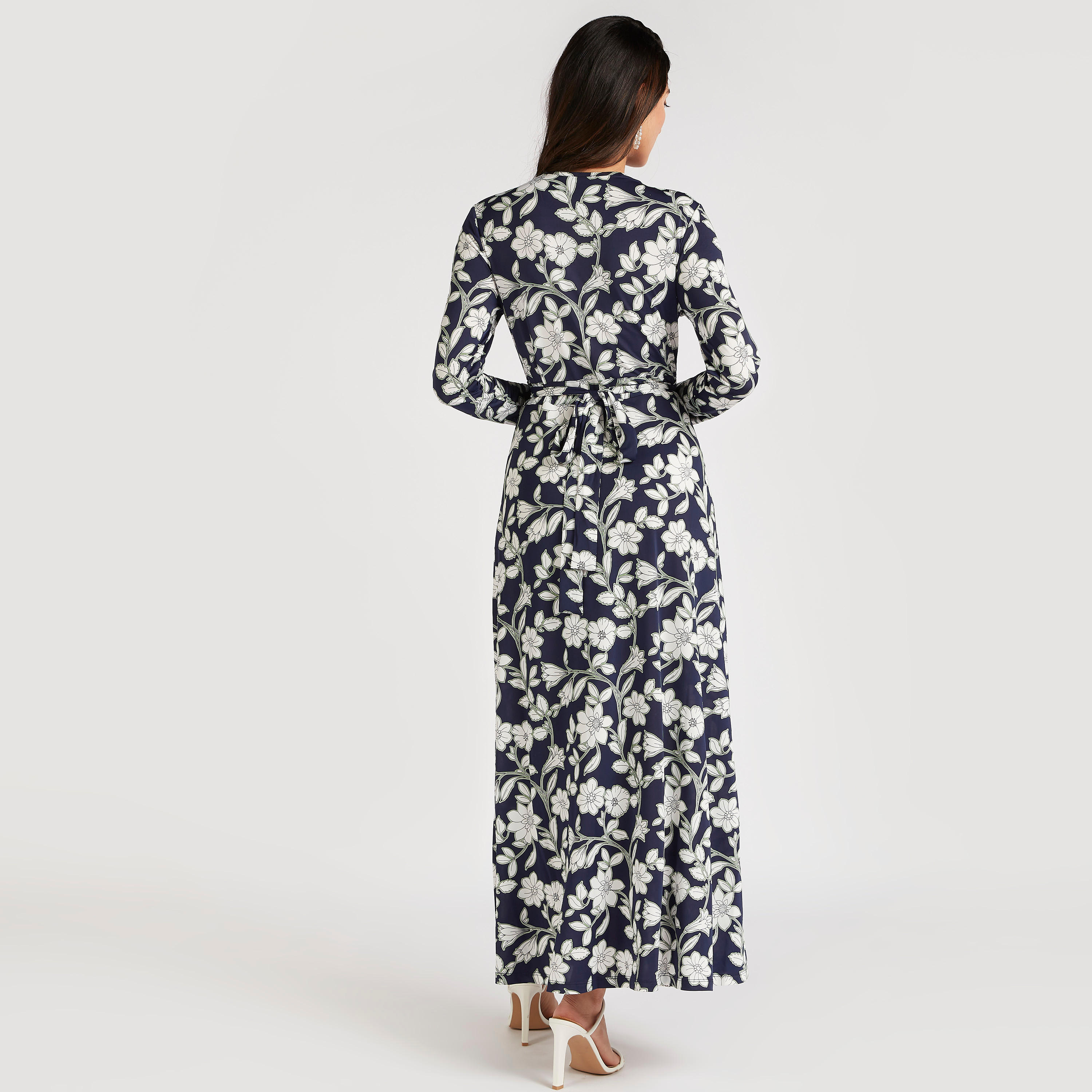 فستان إيه لاين طويل بياقة V وأكمام طويلة و طبعات أزهار-women-clothing-dresses-image-4