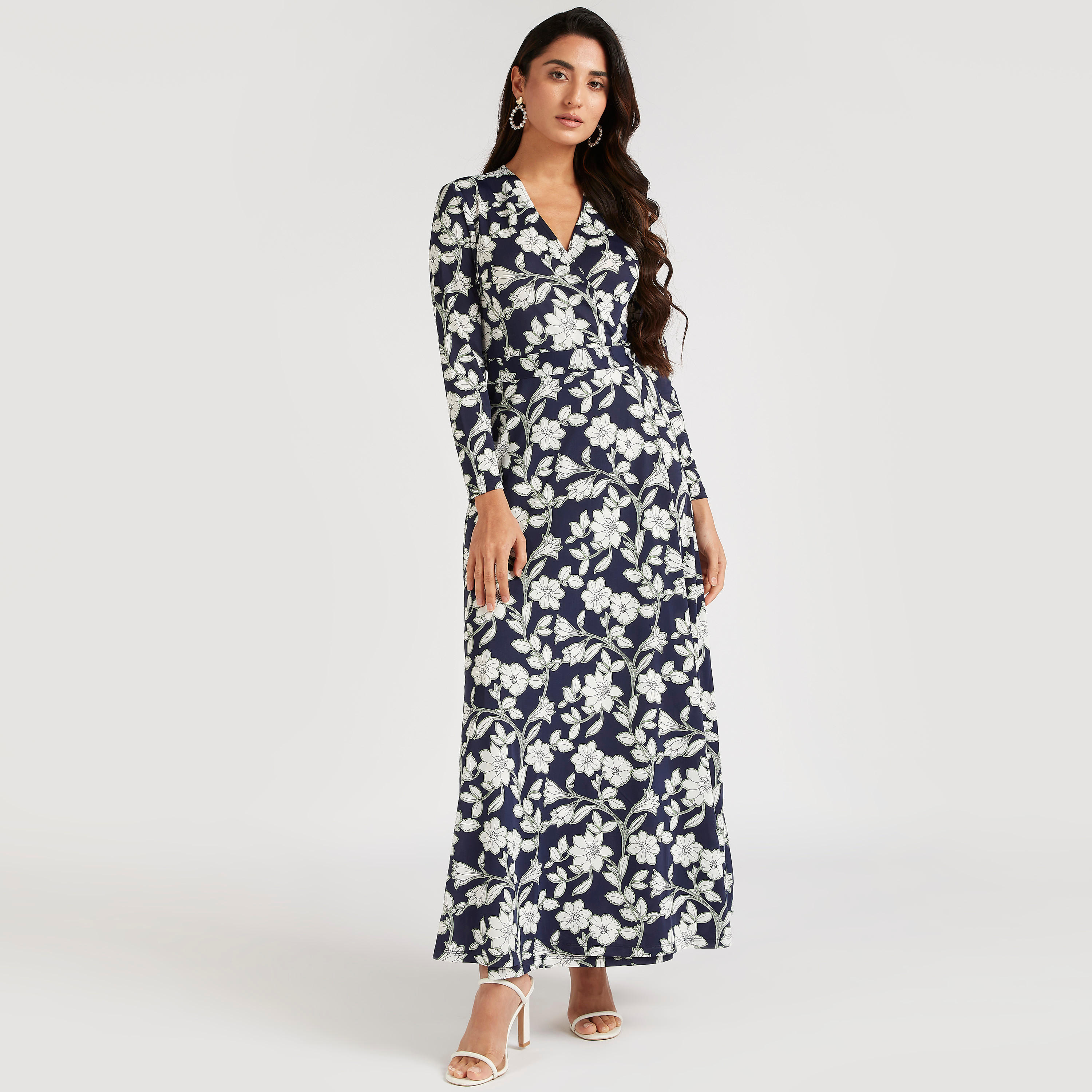 فستان إيه لاين طويل بياقة V وأكمام طويلة و طبعات أزهار-women-clothing-dresses-image-5
