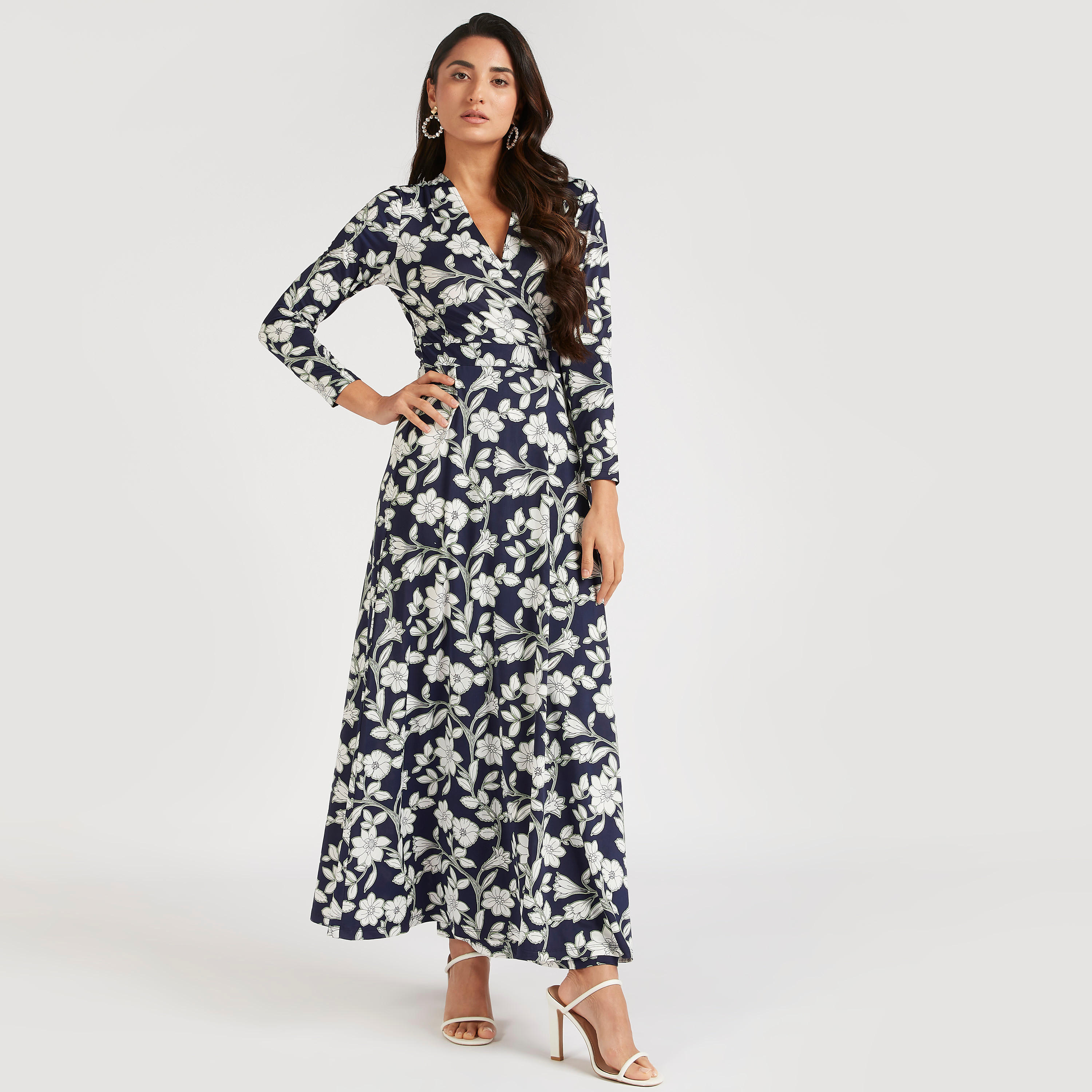 فستان إيه لاين طويل بياقة V وأكمام طويلة و طبعات أزهار-women-clothing-dresses-image-8