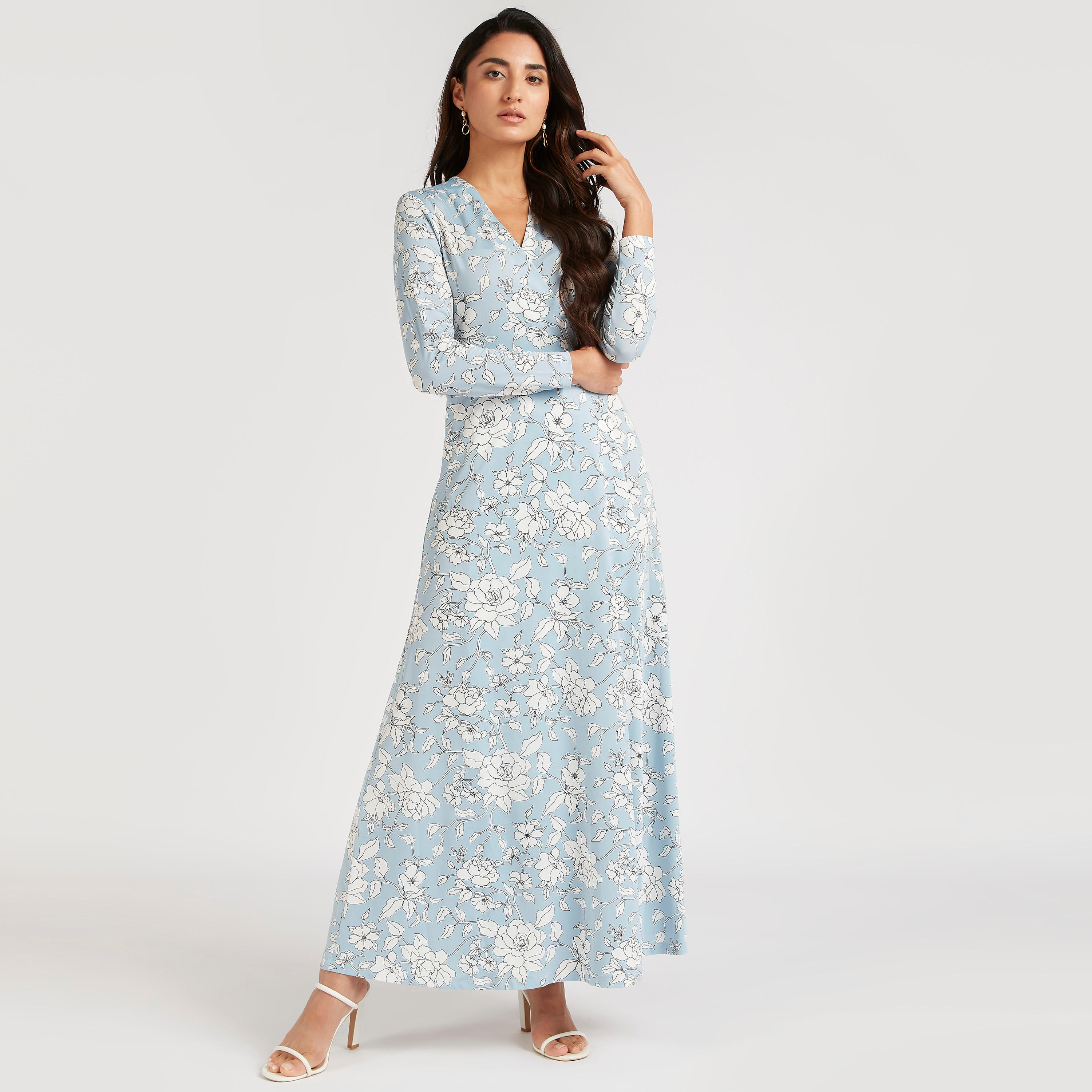 فستان إيه لاين طويل ملفوف بطبعات أزهار وياقة v وأكمام طويلة-women-clothing-dresses-image-2