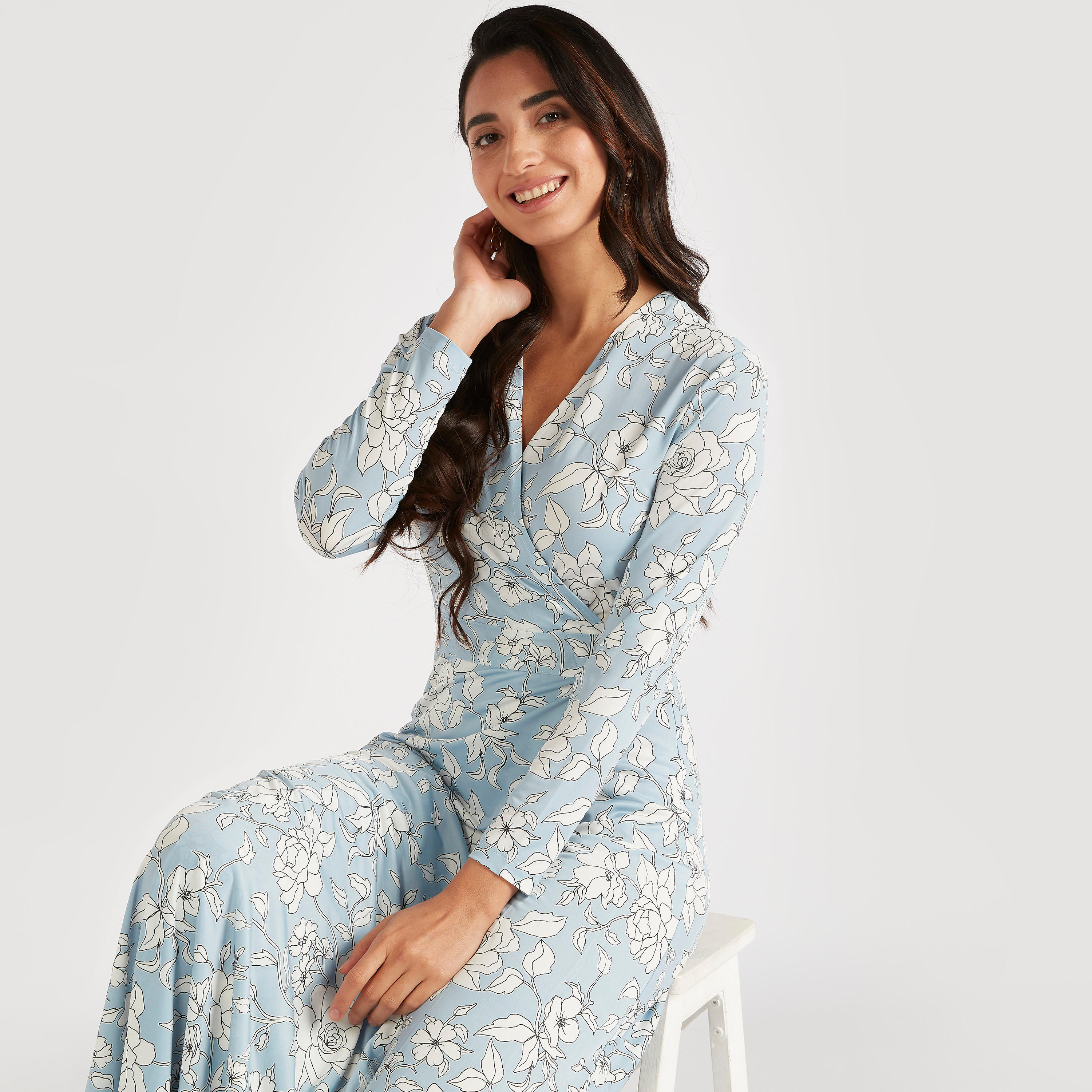 فستان إيه لاين طويل ملفوف بطبعات أزهار وياقة v وأكمام طويلة-women-clothing-dresses-image-3