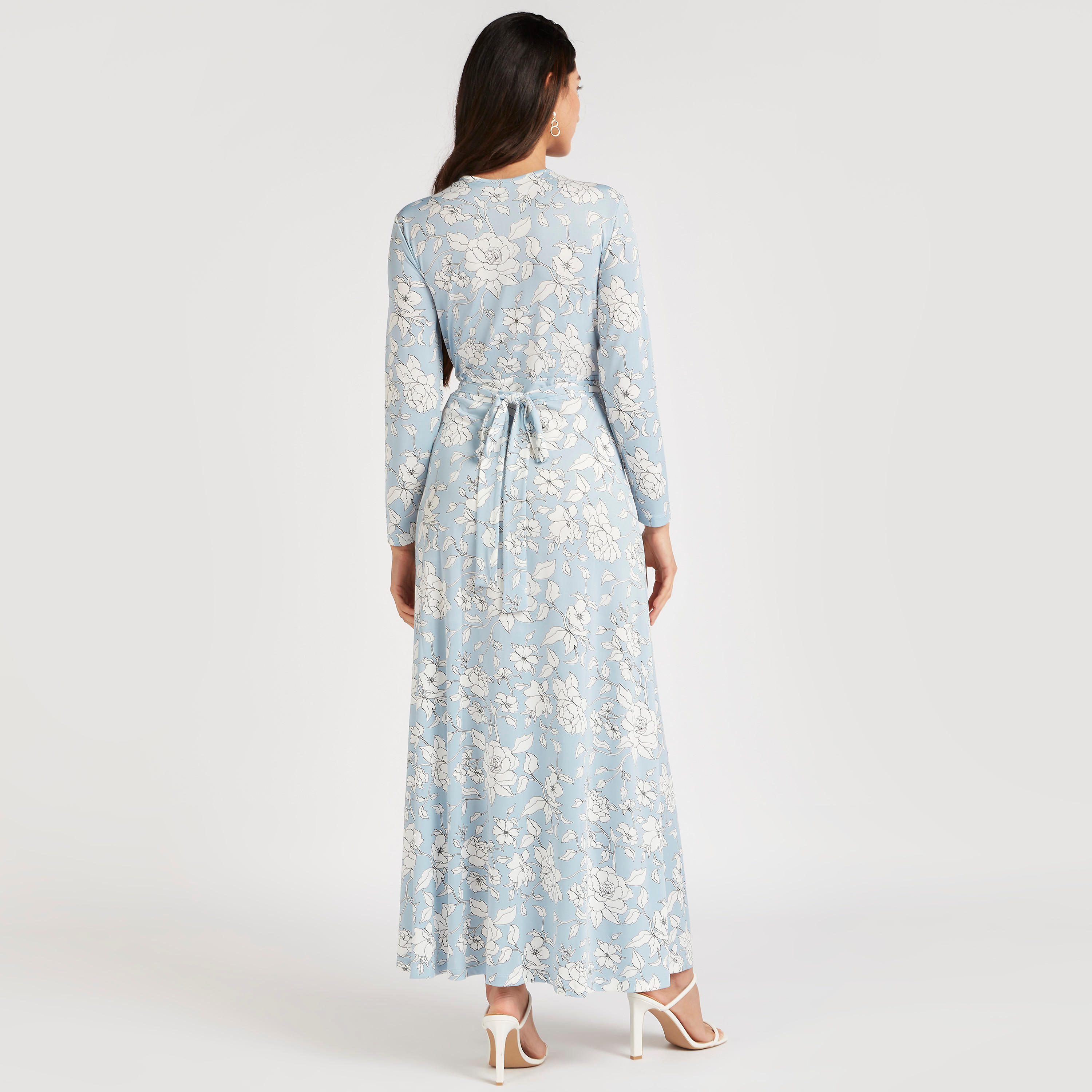 فستان إيه لاين طويل ملفوف بطبعات أزهار وياقة v وأكمام طويلة-women-clothing-dresses-image-5