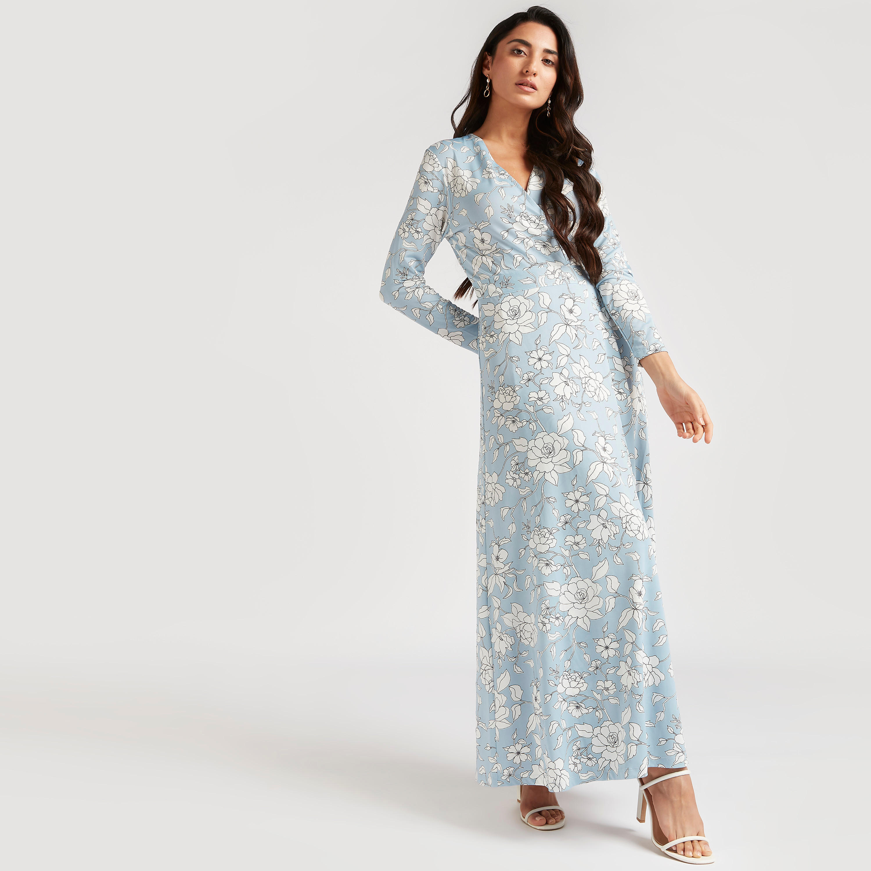 فستان إيه لاين طويل ملفوف بطبعات أزهار وياقة v وأكمام طويلة-women-clothing-dresses-image-6