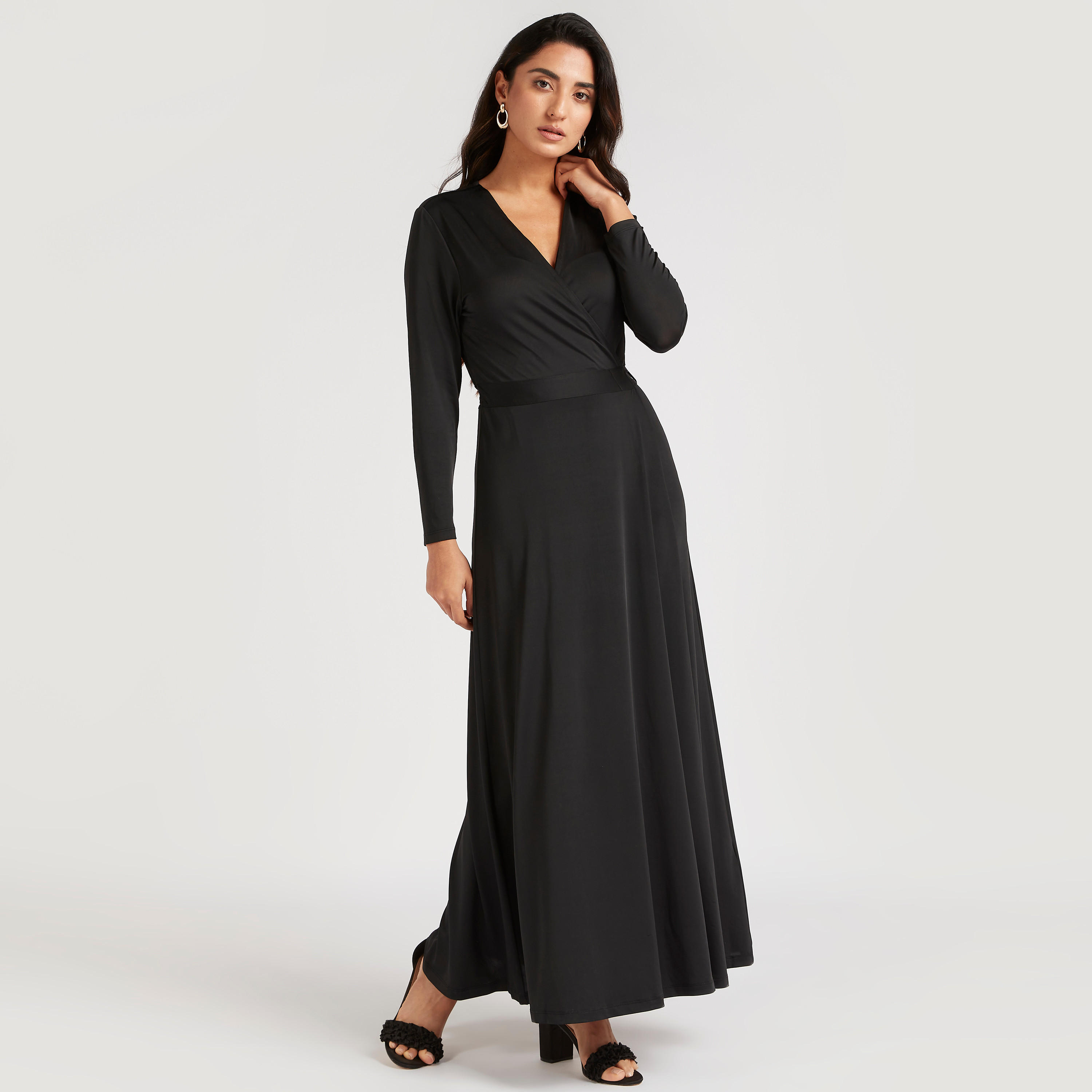 فستان إيه لاين سادة طويل بياقة v وأكمام طويلة-women-clothing-dresses-image-1