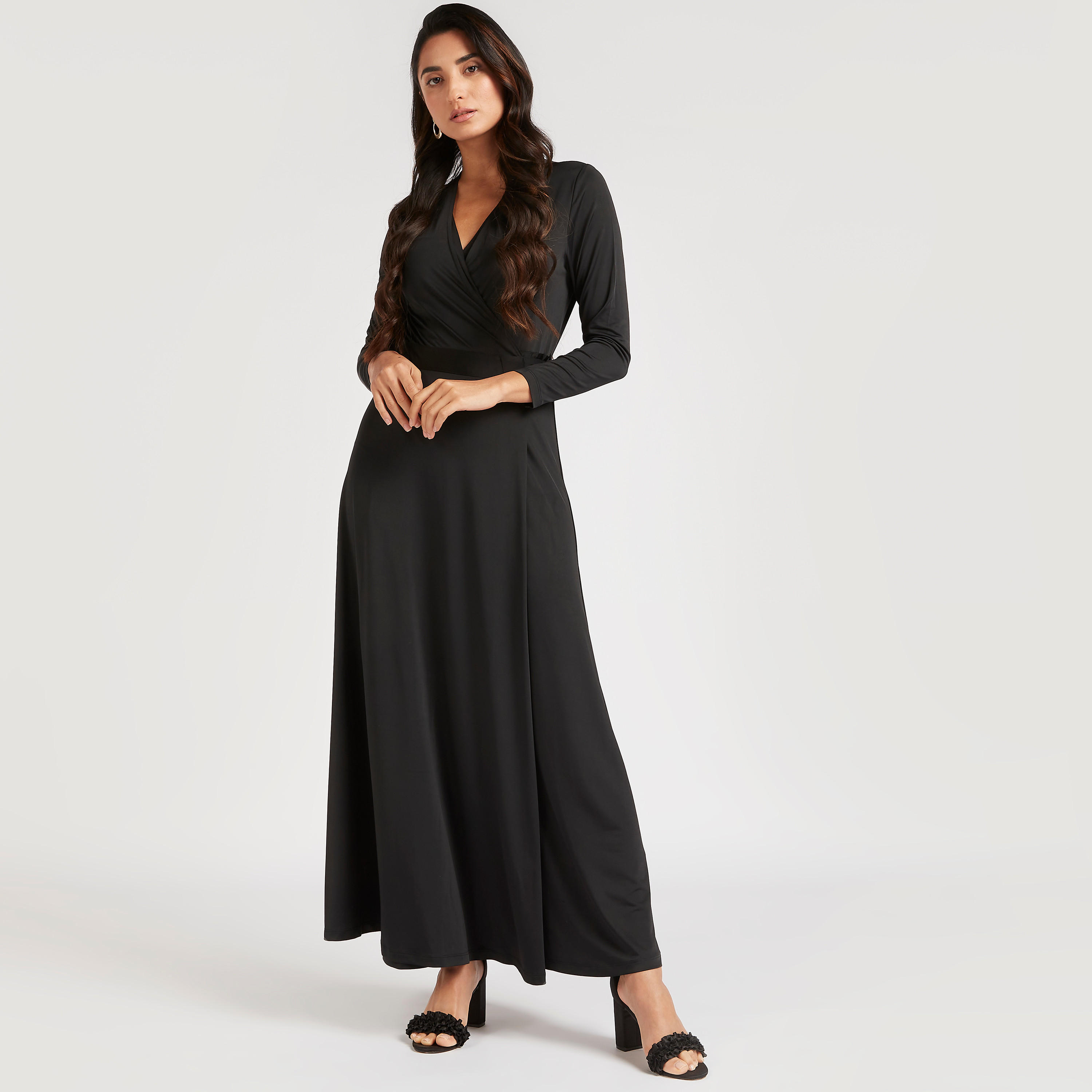 فستان إيه لاين سادة طويل بياقة v وأكمام طويلة-women-clothing-dresses-image-2