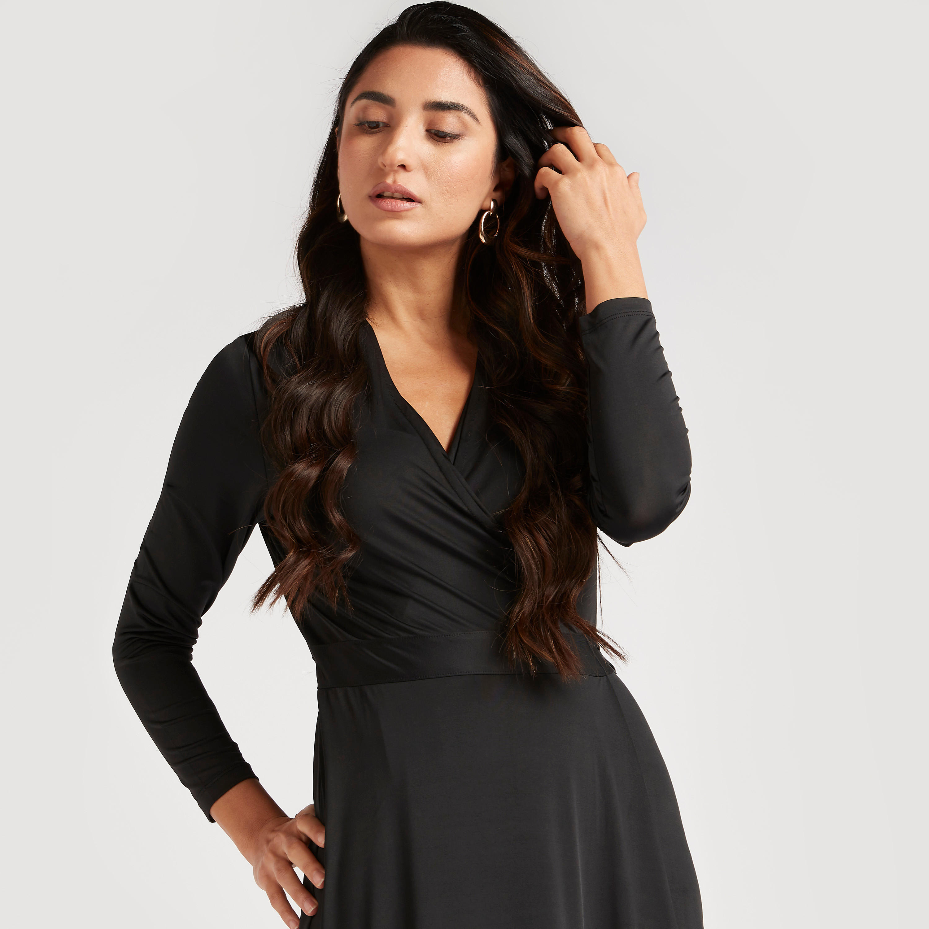 فستان إيه لاين سادة طويل بياقة v وأكمام طويلة-women-clothing-dresses-image-3