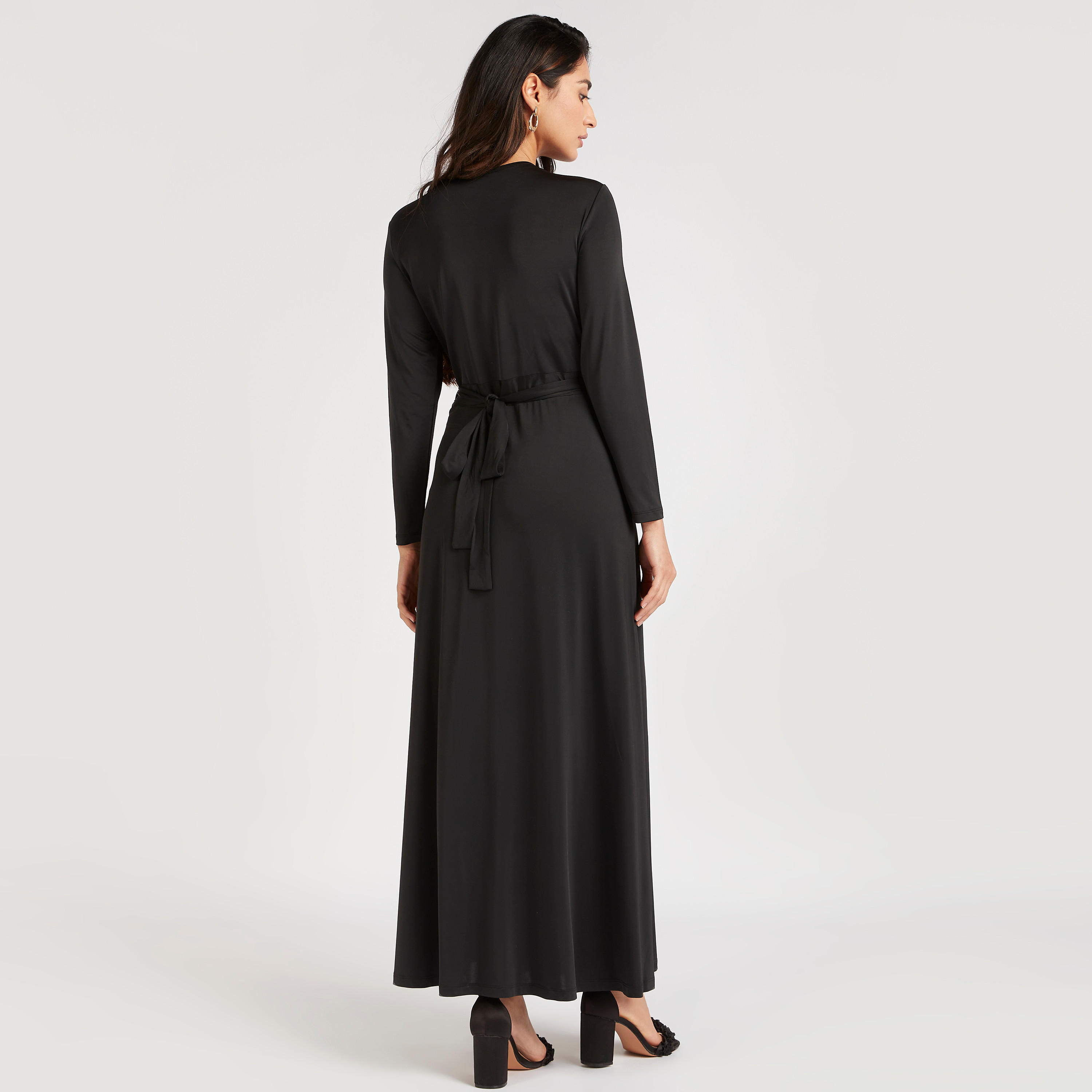 فستان إيه لاين سادة طويل بياقة v وأكمام طويلة-women-clothing-dresses-image-4