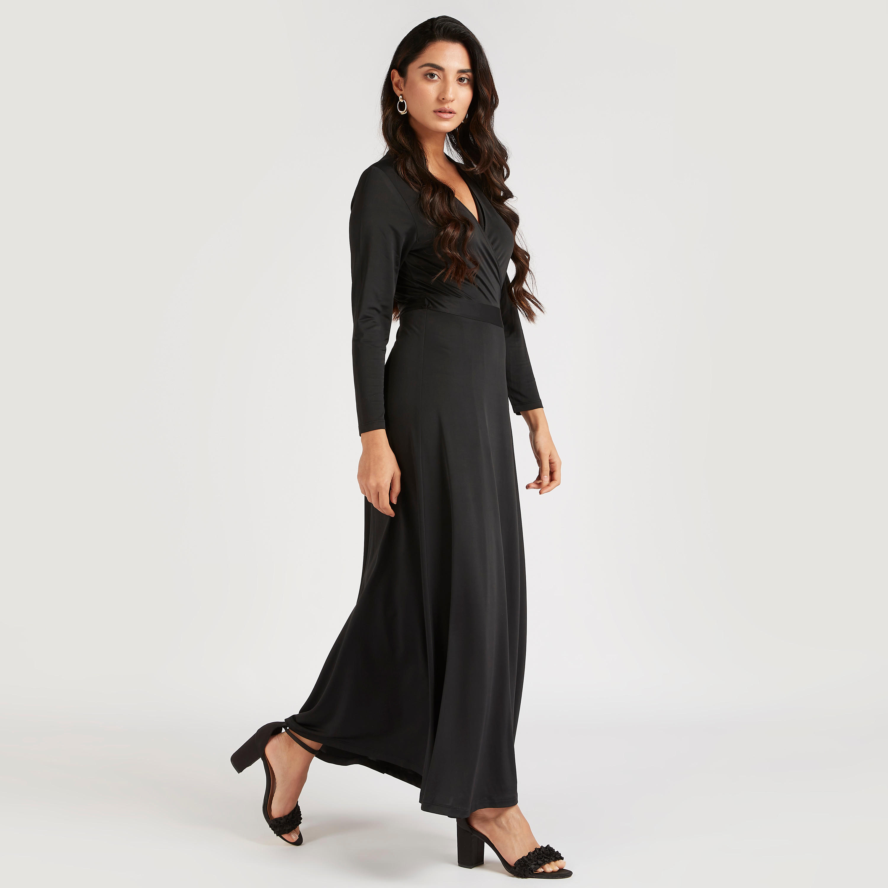 فستان إيه لاين سادة طويل بياقة v وأكمام طويلة-women-clothing-dresses-image-5