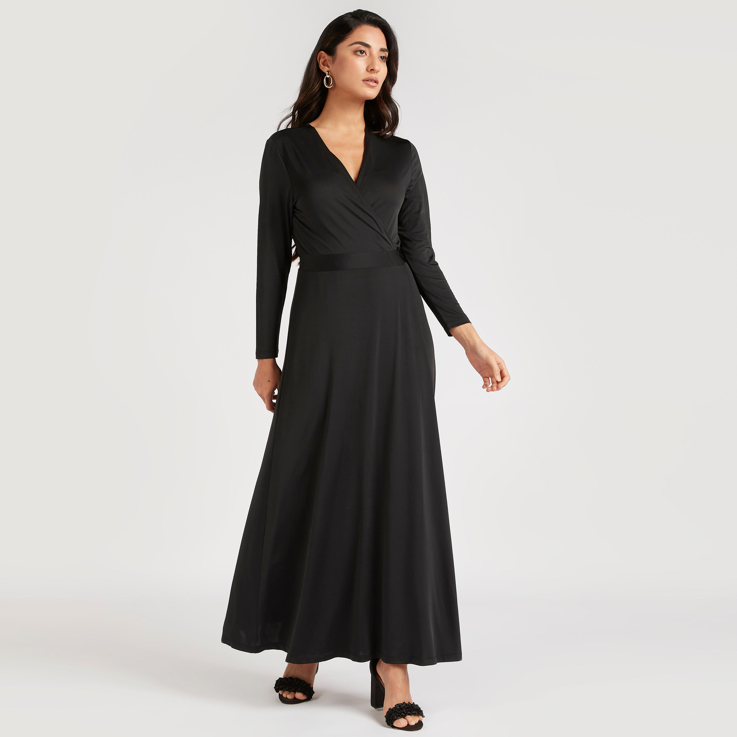 فستان إيه لاين سادة طويل بياقة v وأكمام طويلة-women-clothing-dresses-image-6