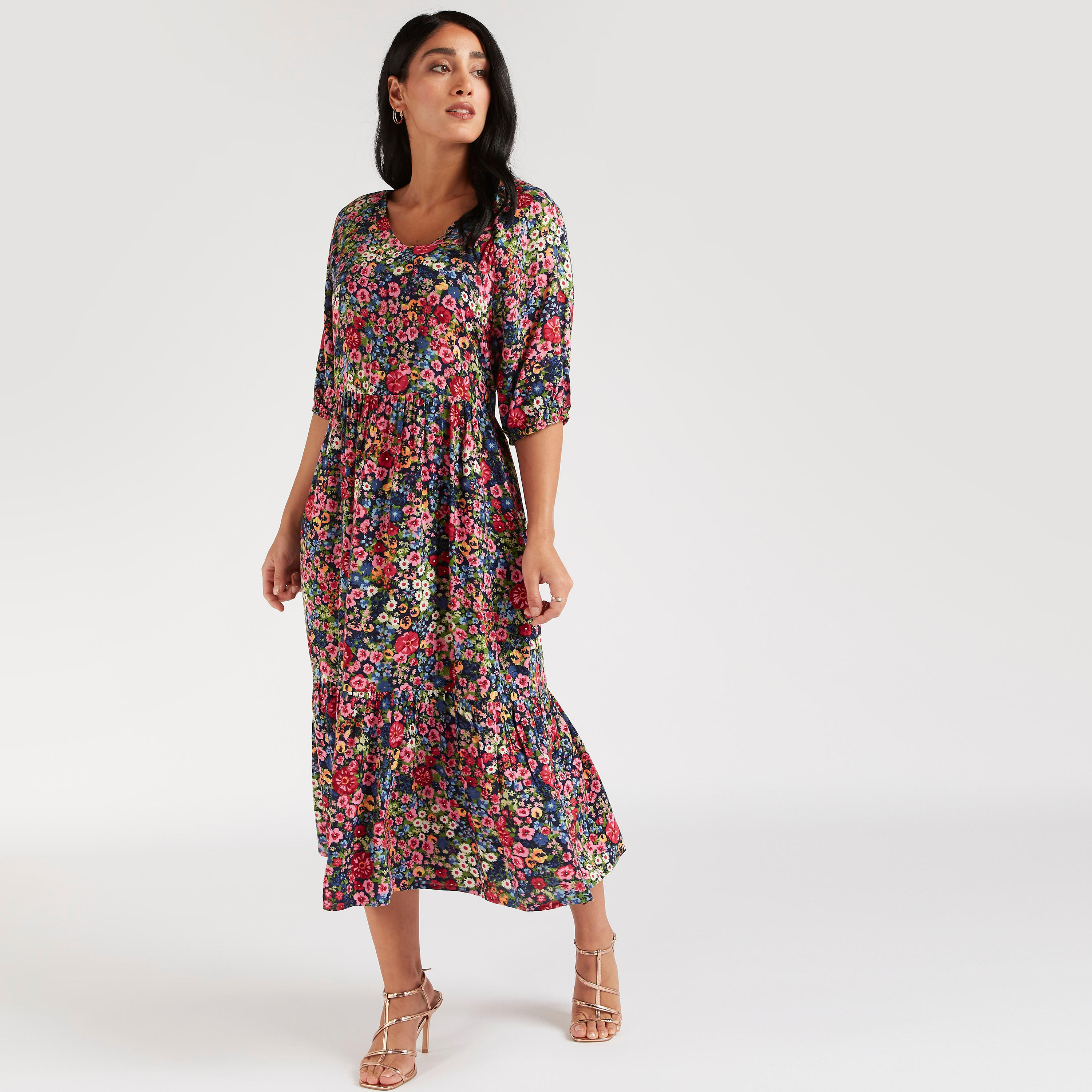 فستان ميدي إيه لاين بأكمام 3/4 وطبعات زهرية-women-clothing-dresses-image-1