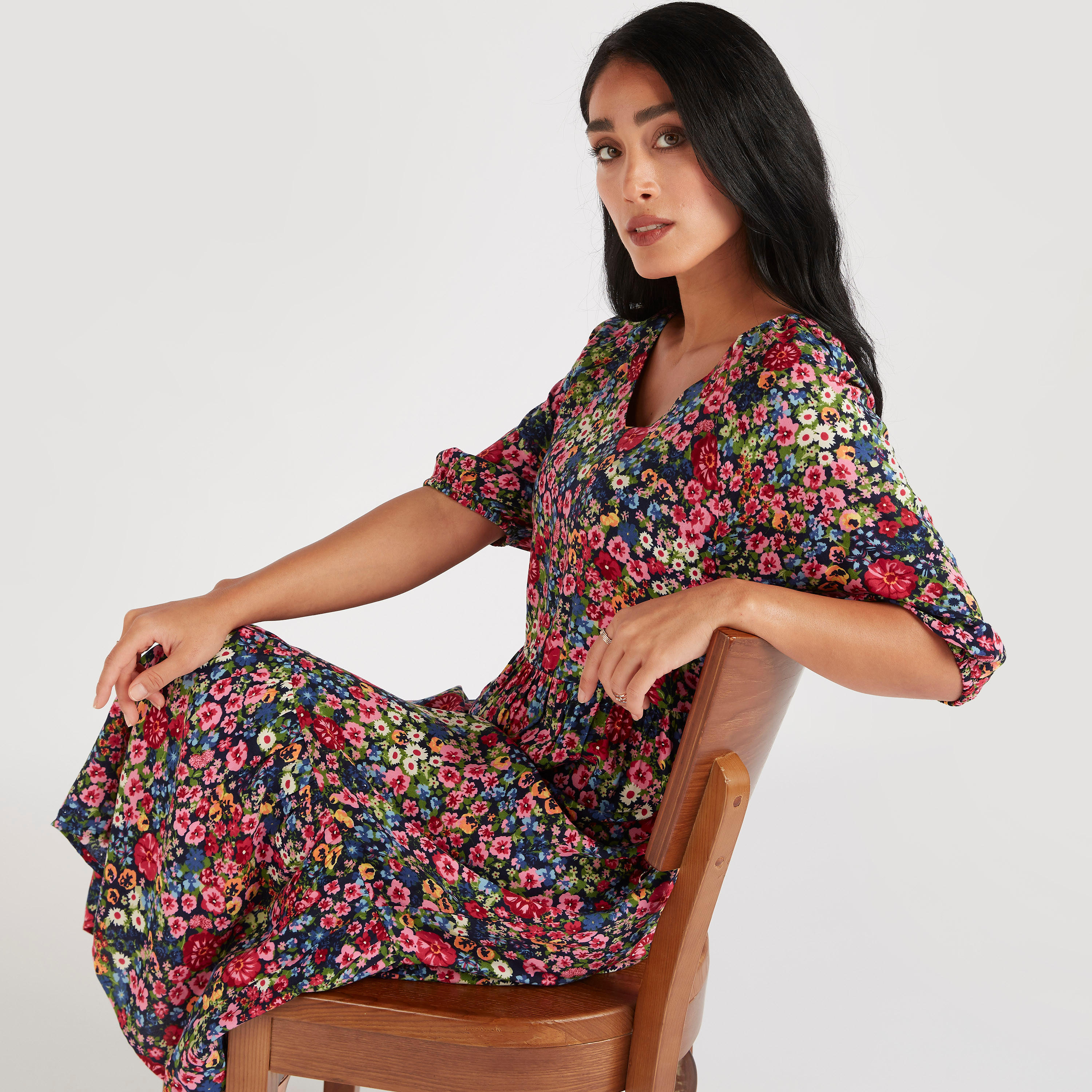 فستان ميدي إيه لاين بأكمام 3/4 وطبعات زهرية-women-clothing-dresses-image-2