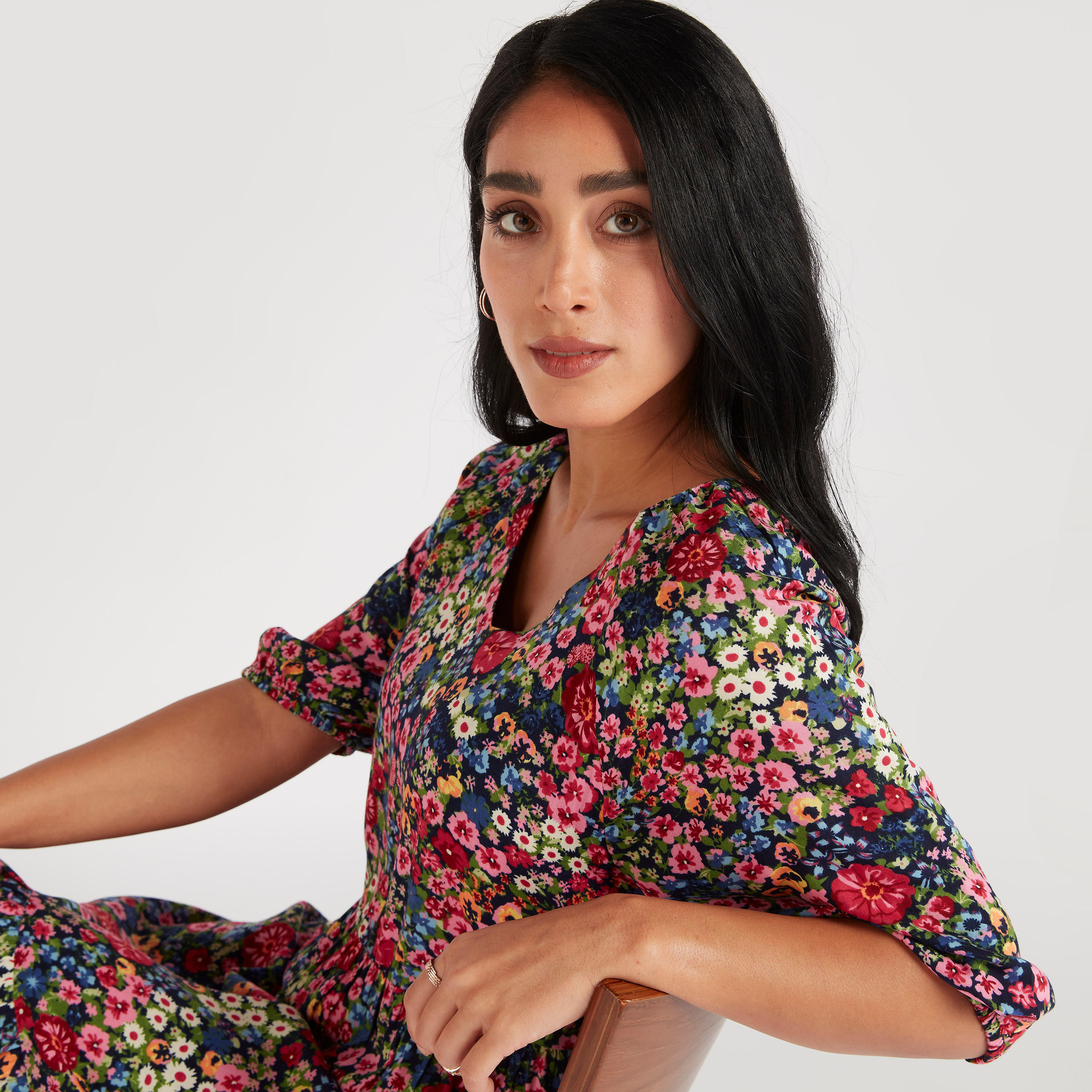 فستان ميدي إيه لاين بأكمام 3/4 وطبعات زهرية-women-clothing-dresses-image-3