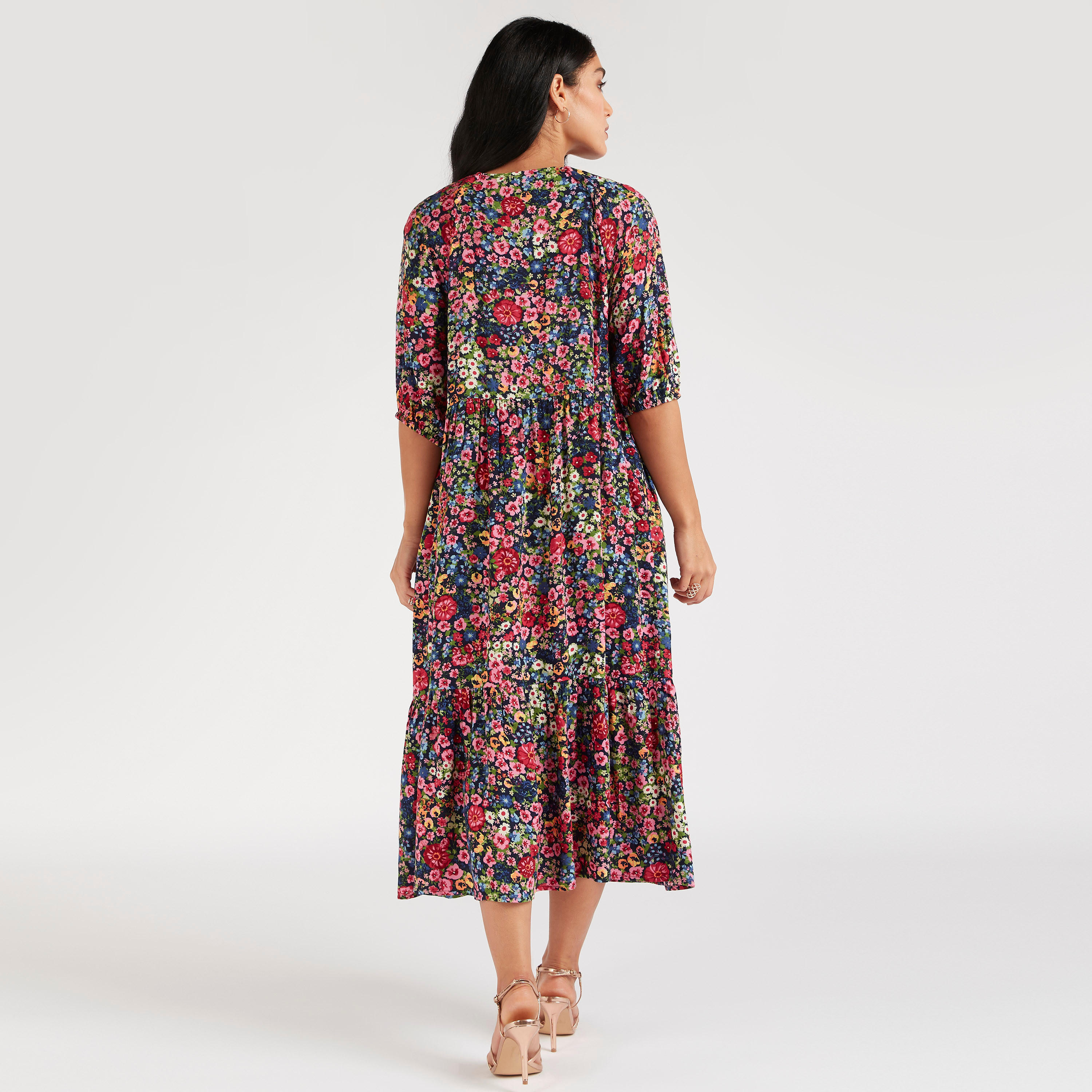 فستان ميدي إيه لاين بأكمام 3/4 وطبعات زهرية-women-clothing-dresses-image-4