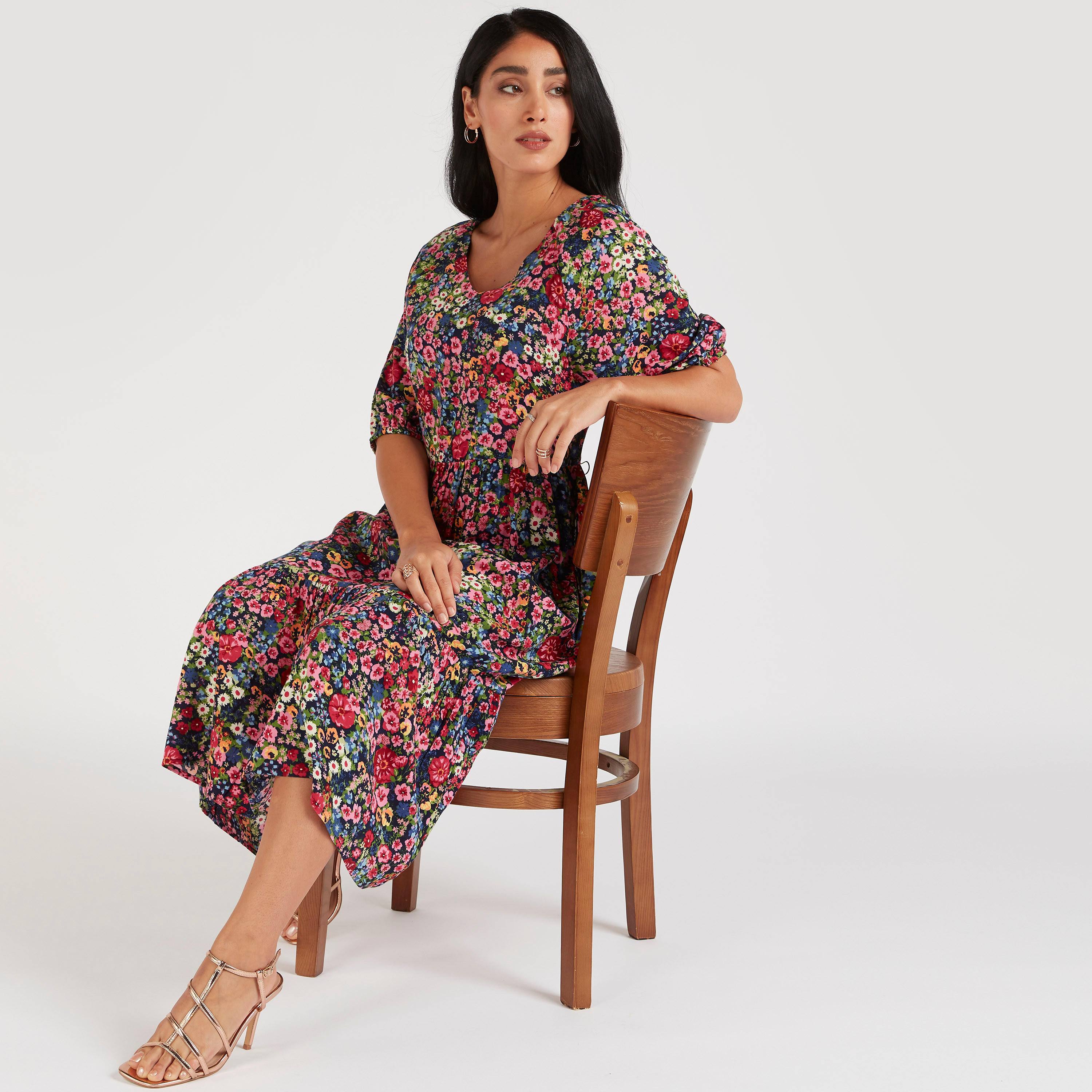 فستان ميدي إيه لاين بأكمام 3/4 وطبعات زهرية-women-clothing-dresses-image-5
