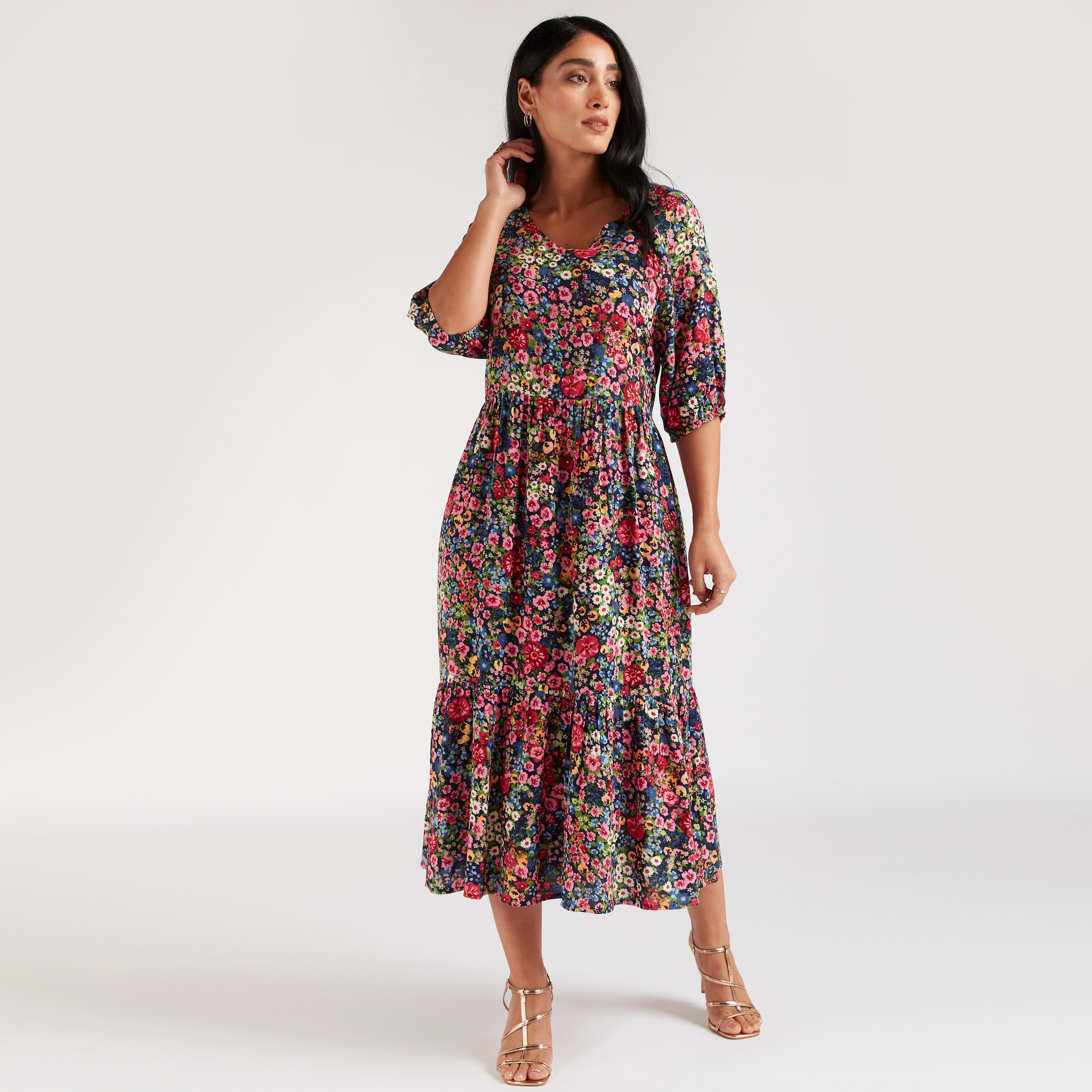 فستان ميدي إيه لاين بأكمام 3/4 وطبعات زهرية-women-clothing-dresses-image-6