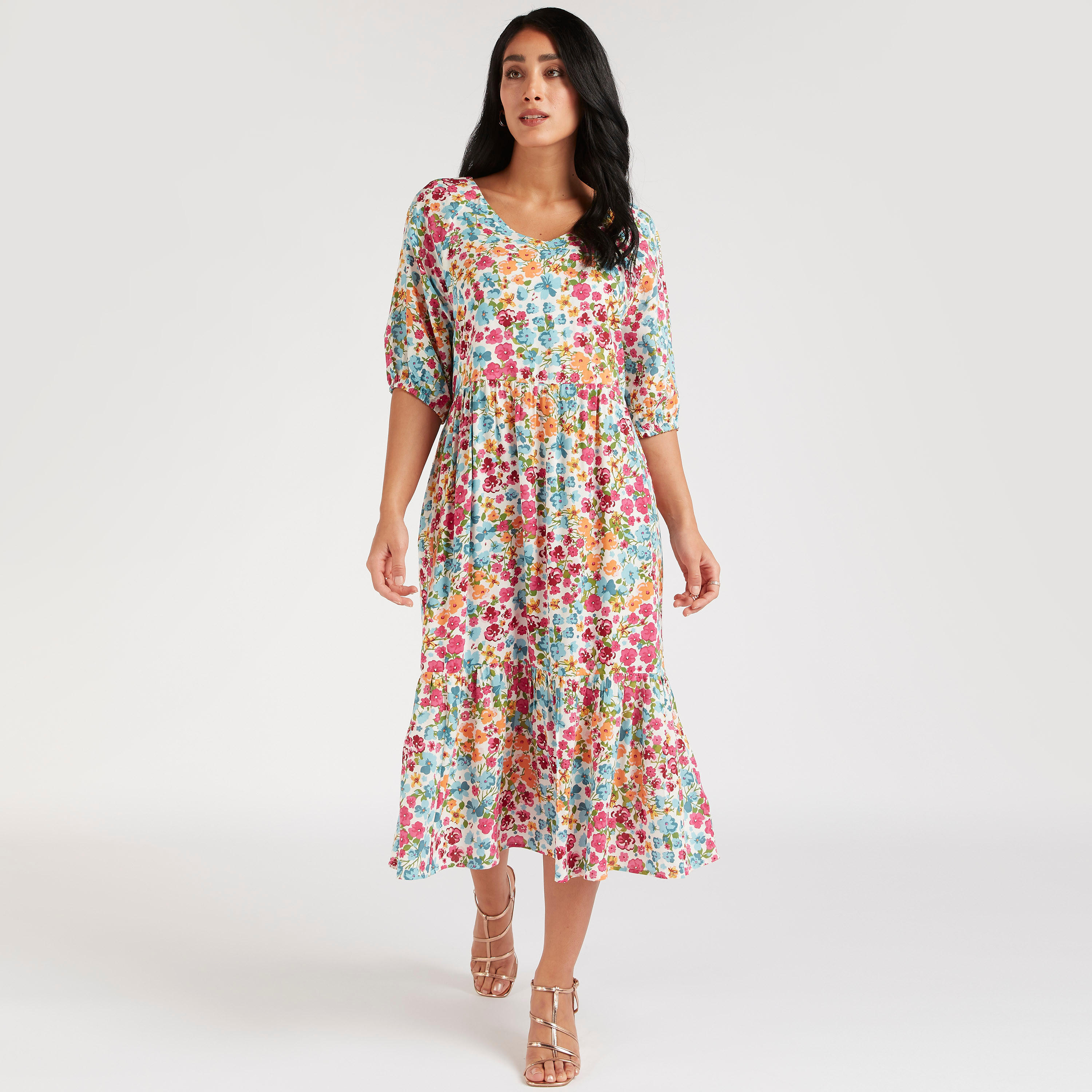 فستان ميدي إيه لاين بطبعات أزهار وأكمام 3/4-women-clothing-dresses-image-1