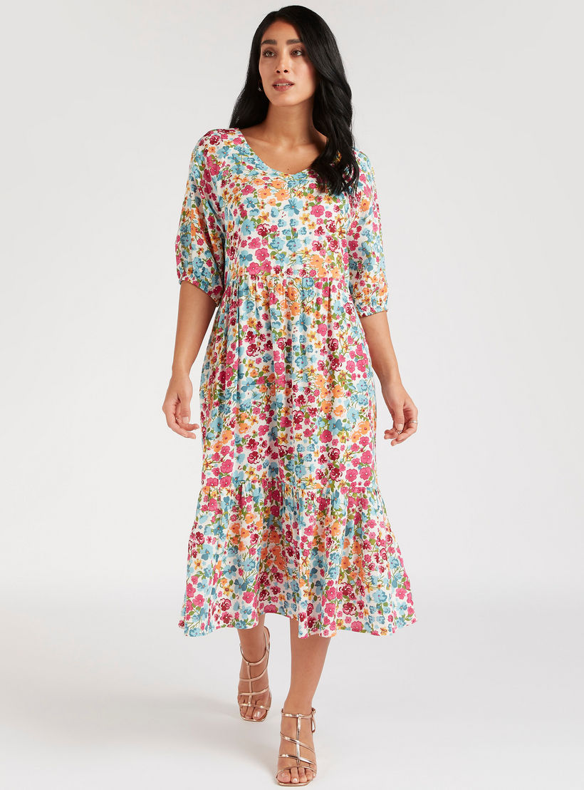 فستان ميدي إيه لاين بطبعات أزهار وأكمام 3/4-women-clothing-dresses-image-1
