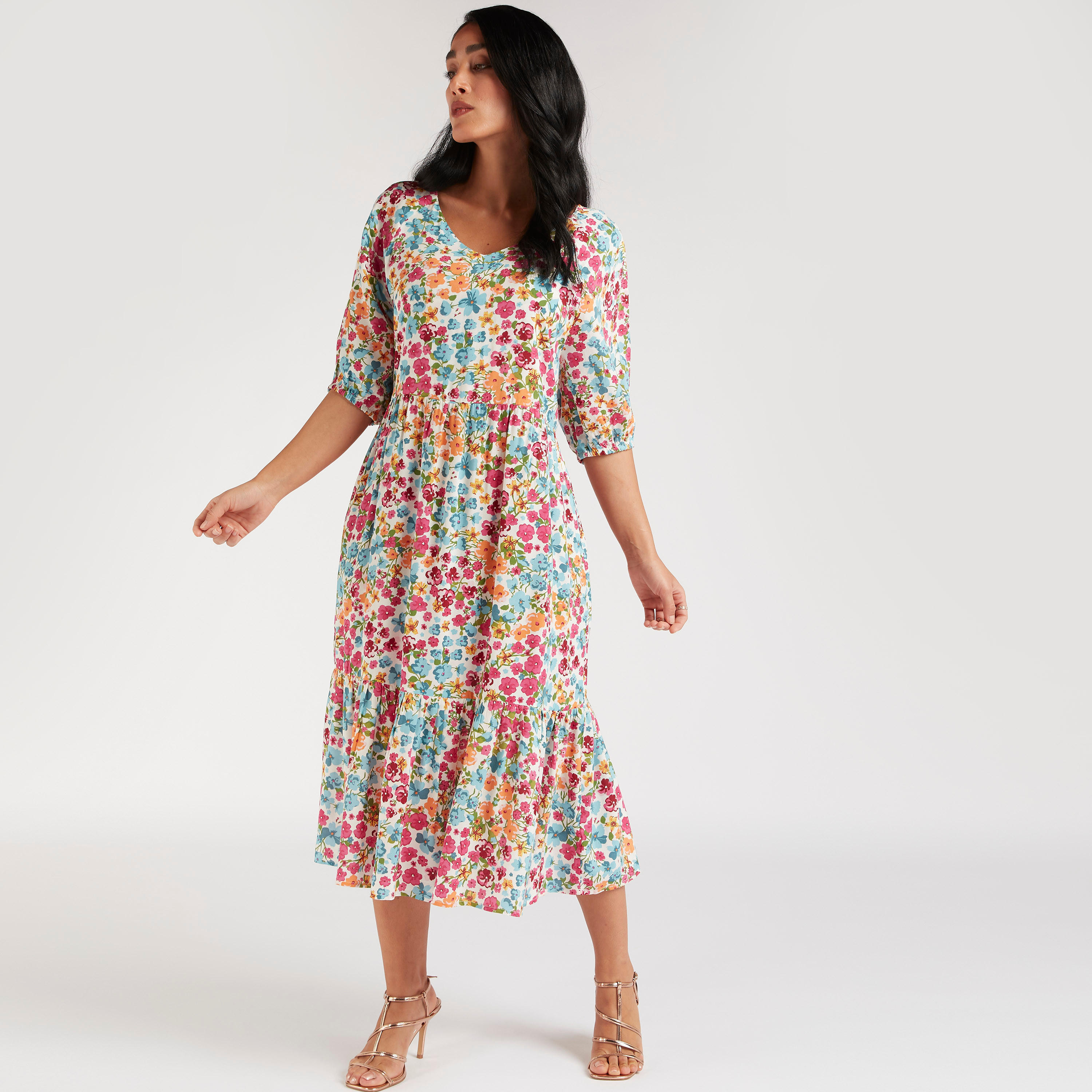 فستان ميدي إيه لاين بطبعات أزهار وأكمام 3/4-women-clothing-dresses-image-2