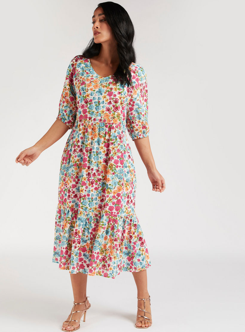 فستان ميدي إيه لاين بطبعات أزهار وأكمام 3/4-women-clothing-dresses-image-2