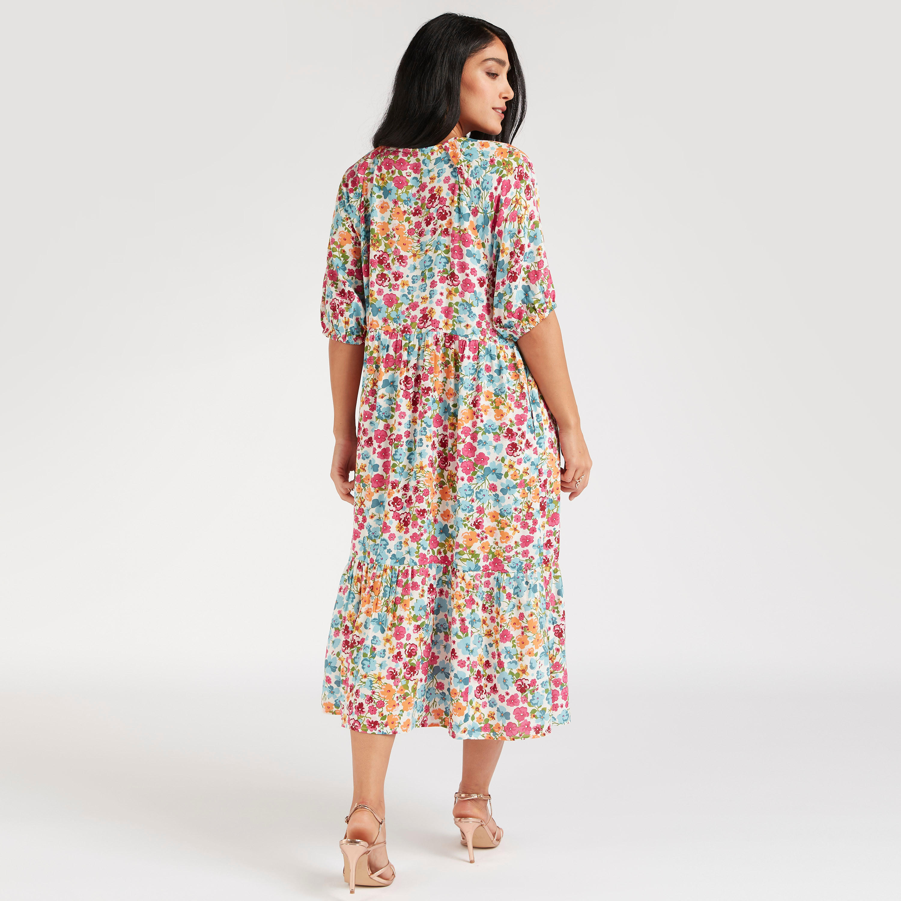 فستان ميدي إيه لاين بطبعات أزهار وأكمام 3/4-women-clothing-dresses-image-4