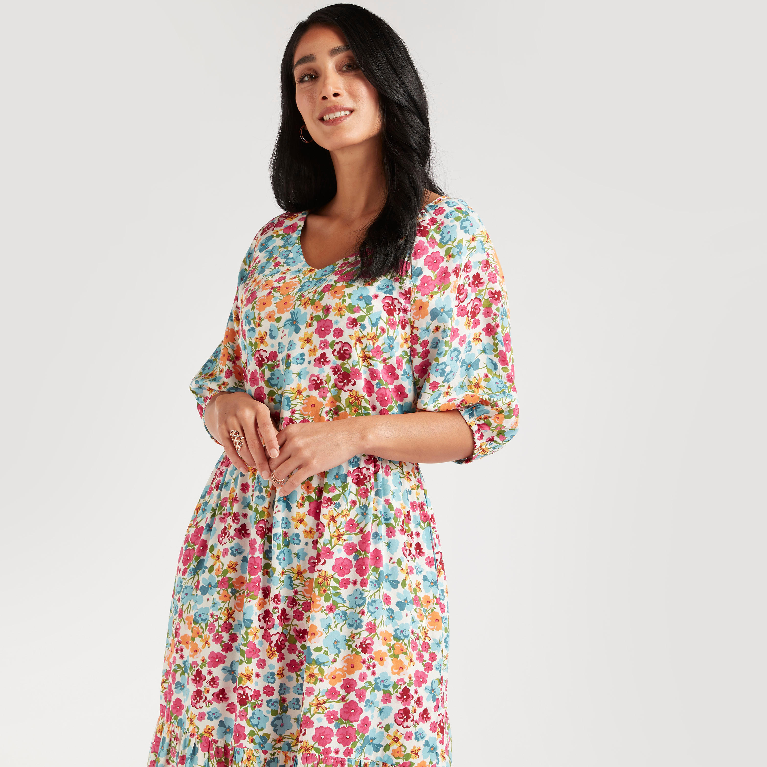 فستان ميدي إيه لاين بطبعات أزهار وأكمام 3/4-women-clothing-dresses-image-5