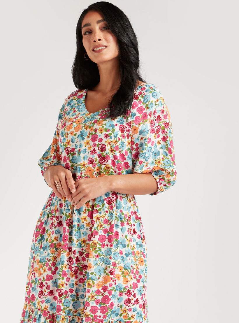 فستان ميدي إيه لاين بطبعات أزهار وأكمام 3/4-women-clothing-dresses-image-5