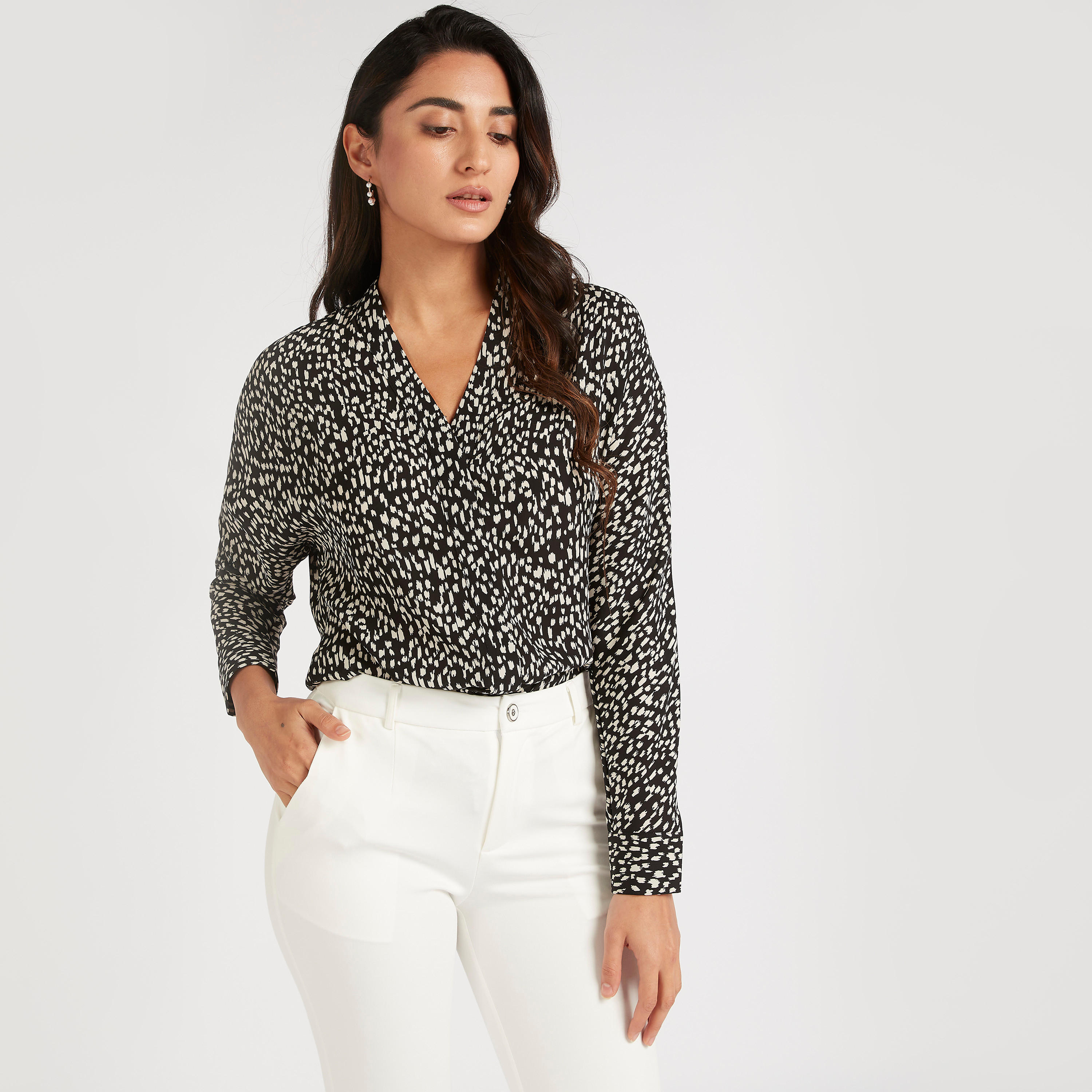 Printed V-neck Top with Long Sleeves-women-clothing-tshirts-image-1