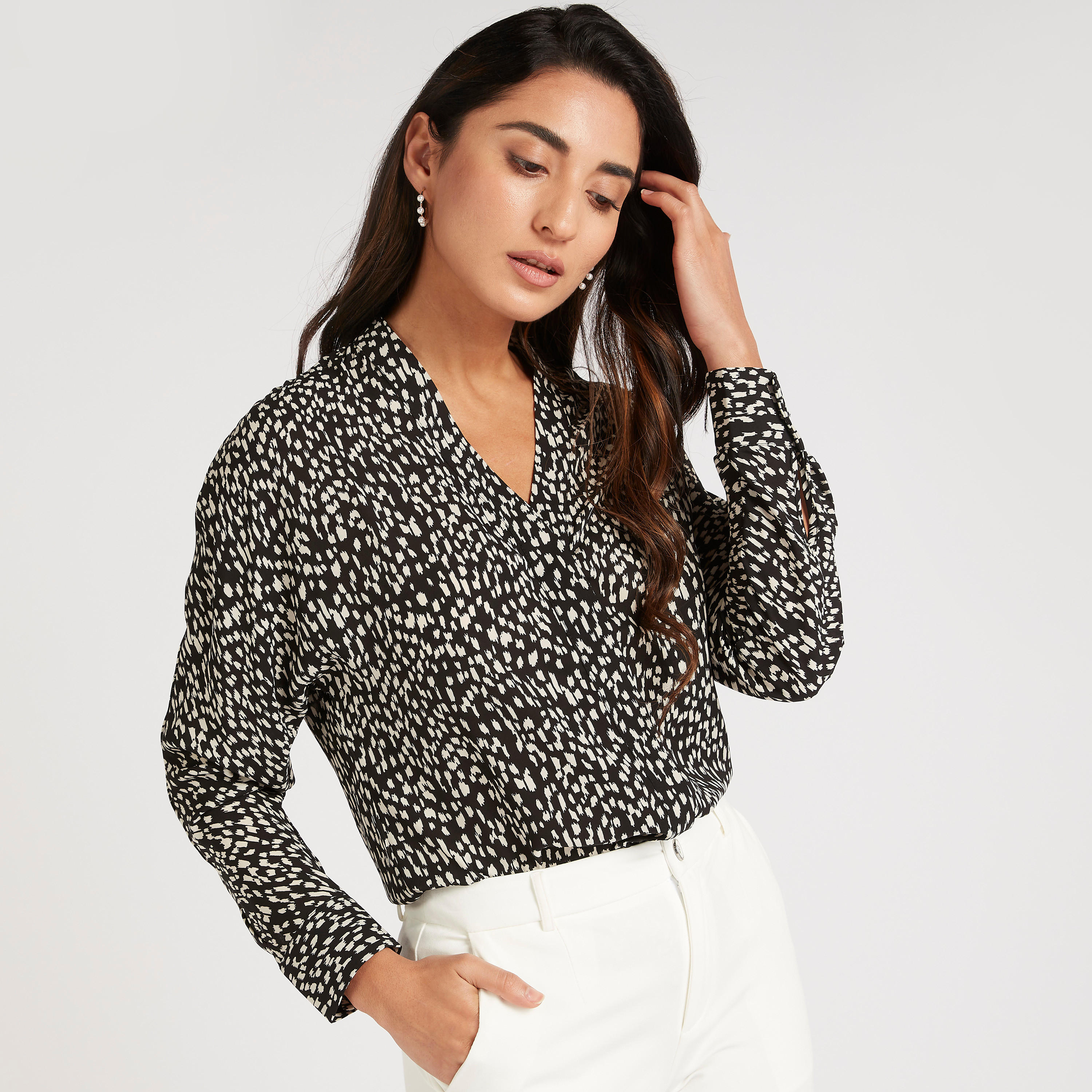 Printed V-neck Top with Long Sleeves-women-clothing-tshirts-image-3