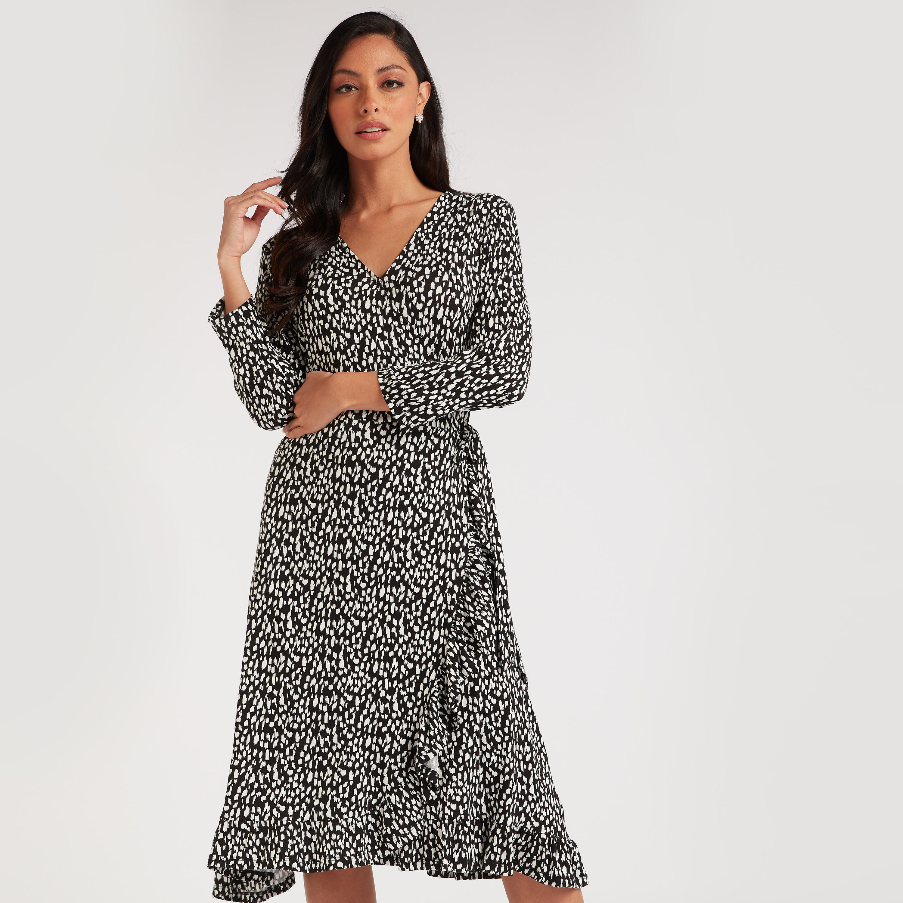 فستان ملفوف ميدي بأكمام طويلة وأربطة وطبعات-women-clothing-dresses-image-1
