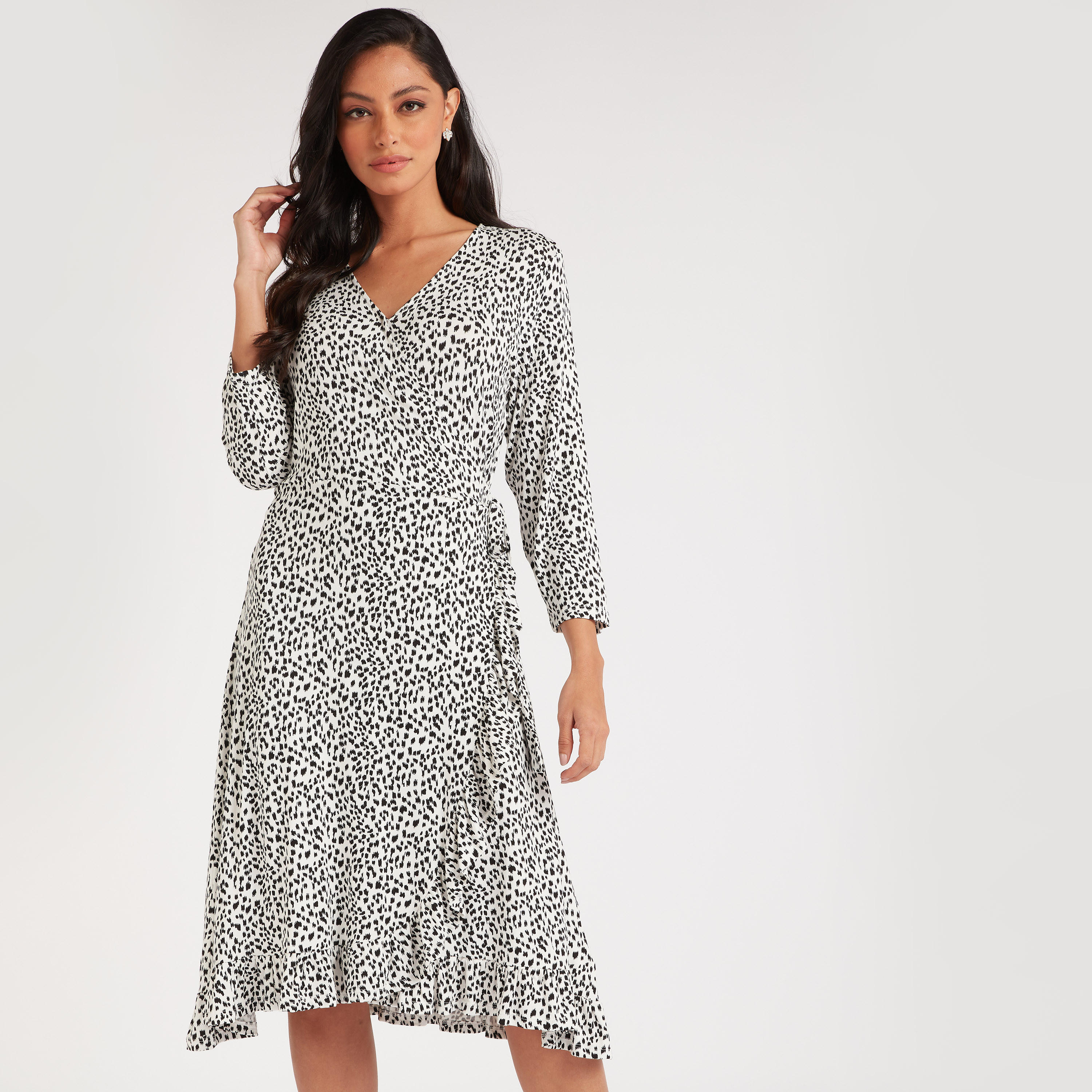 فستان ملفوف ميدي بطبعات وياقة v وكشكشة-women-clothing-dresses-image-1