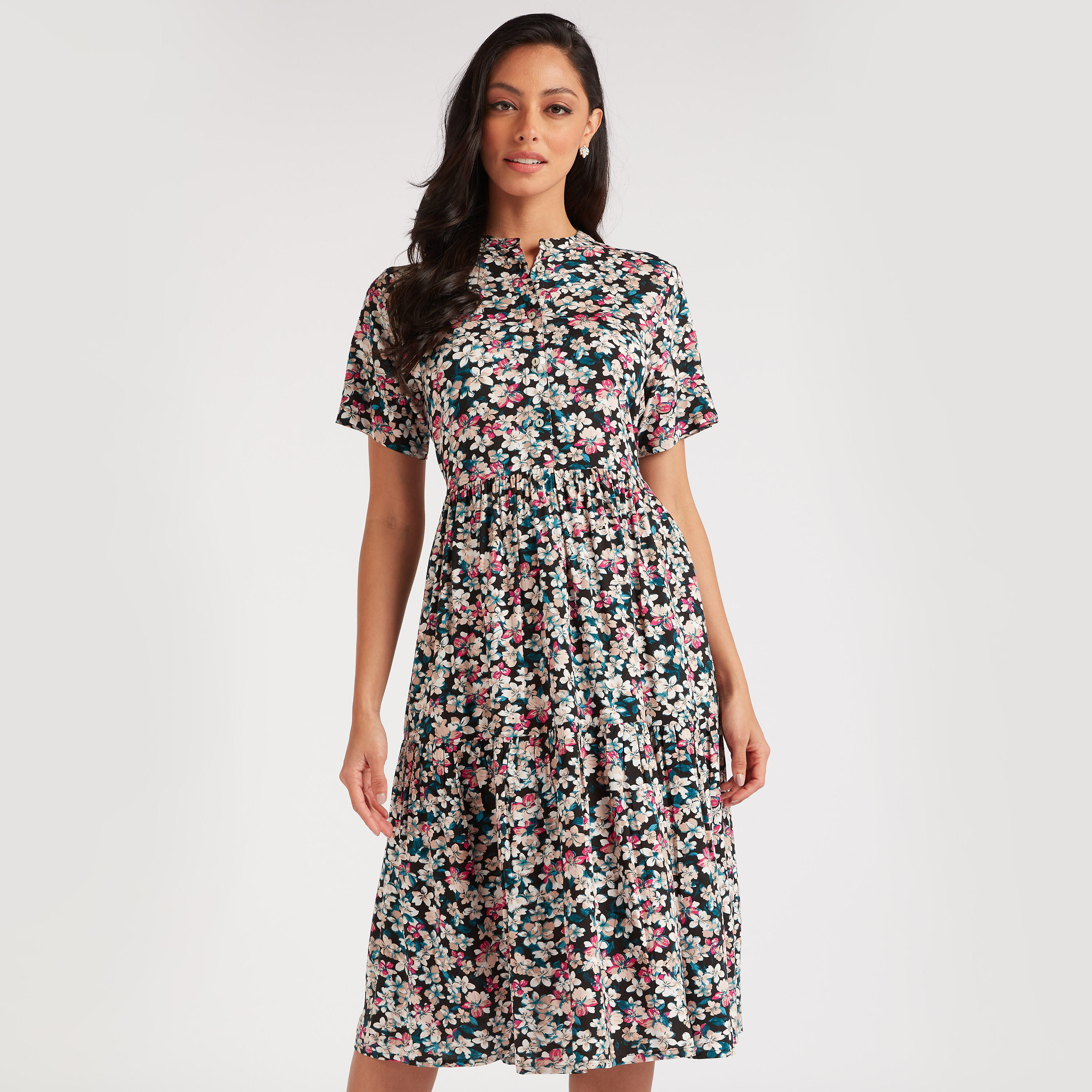 فستان ميدي إيه لاين بطبعات أزهار وأكمام قصيرة-women-clothing-dresses-image-1