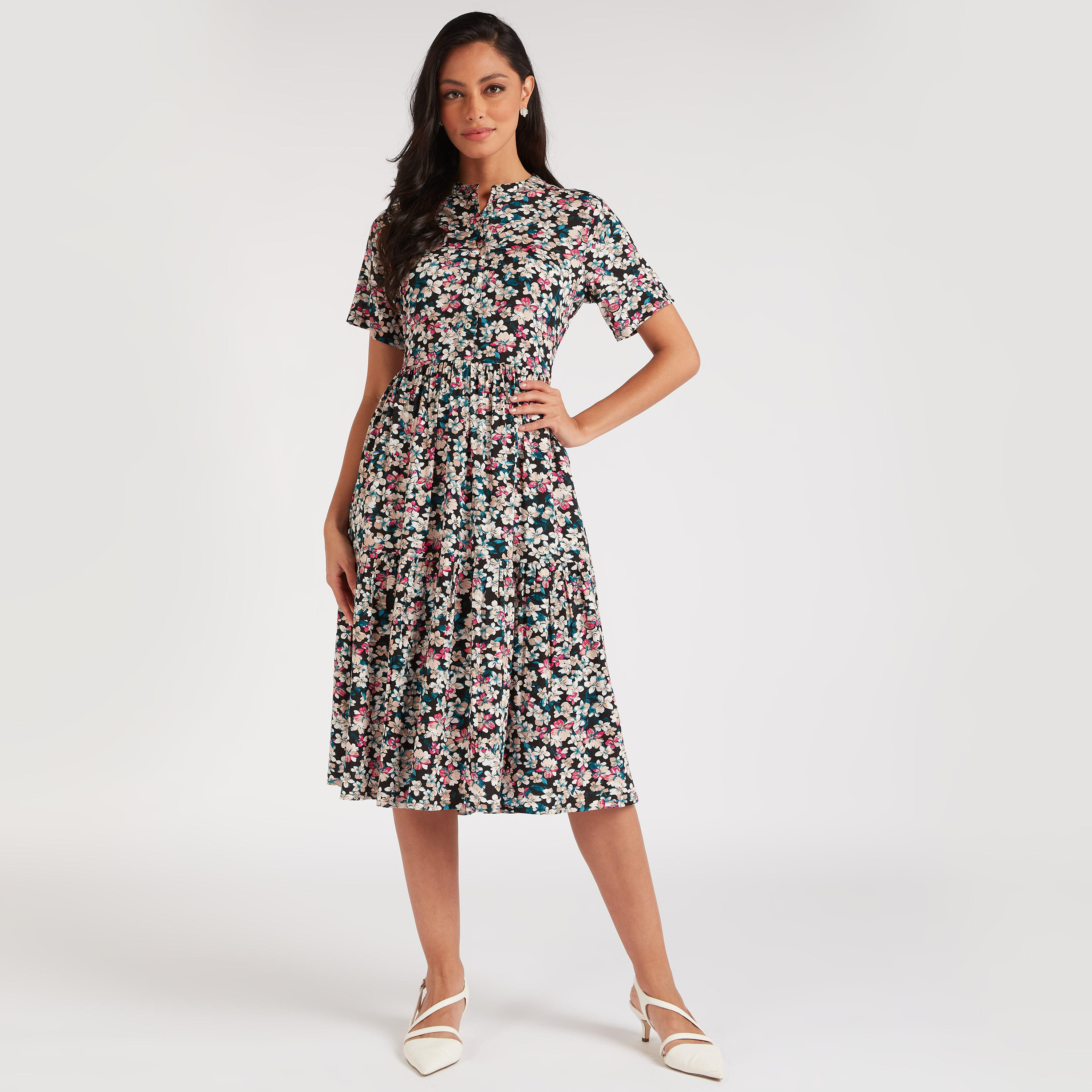 فستان ميدي إيه لاين بطبعات أزهار وأكمام قصيرة-women-clothing-dresses-image-2