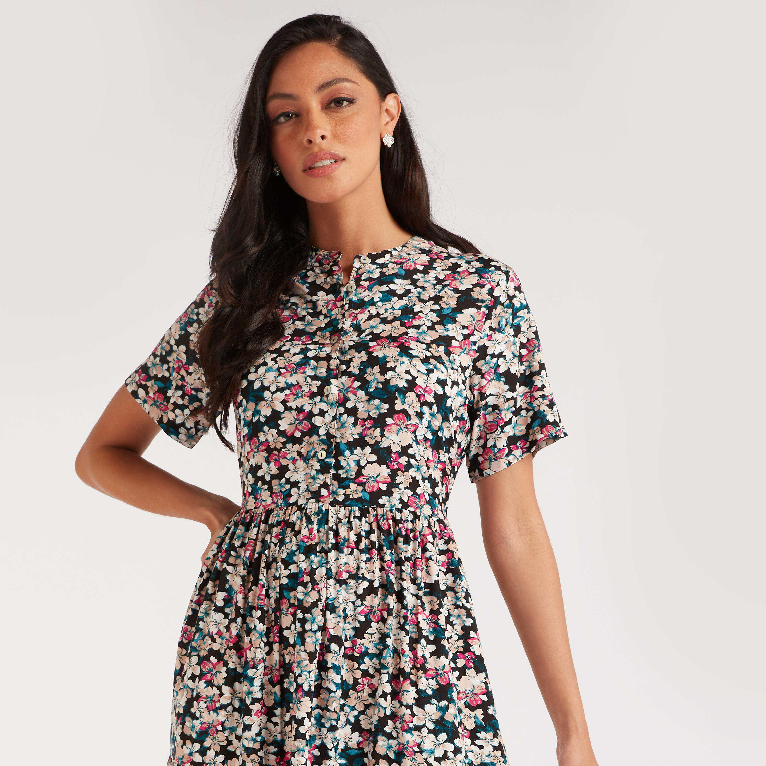 فستان ميدي إيه لاين بطبعات أزهار وأكمام قصيرة-women-clothing-dresses-image-5