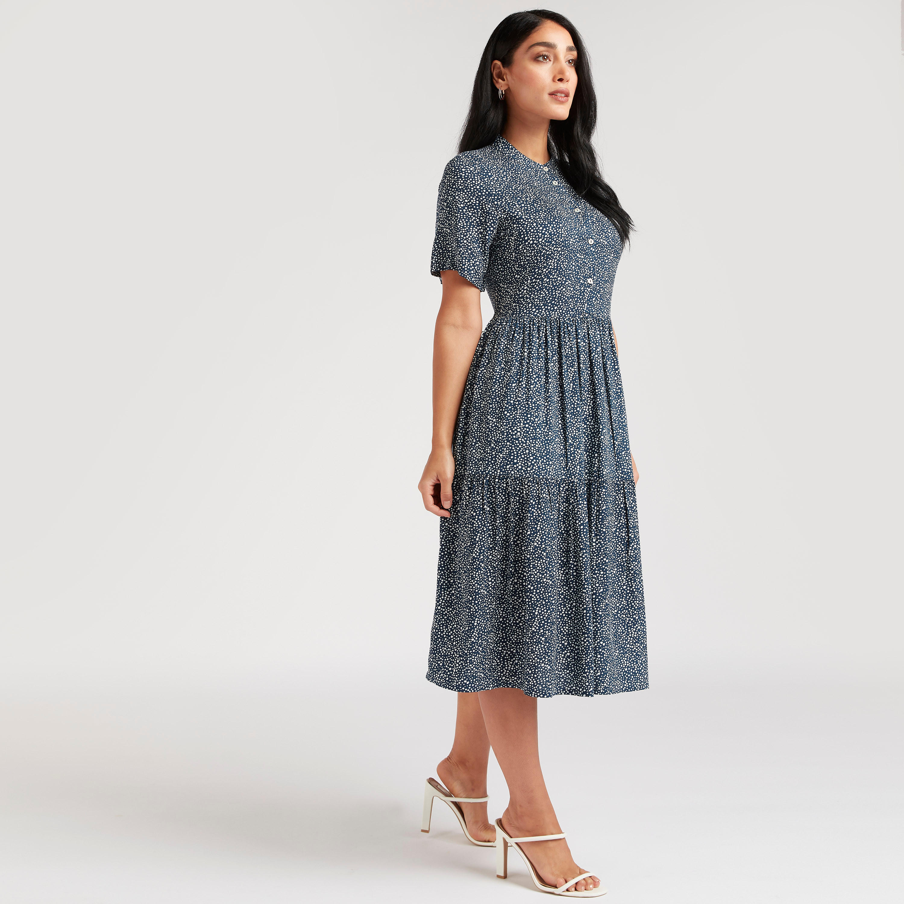 فستان ميدي إيه لاين بأكمام قصيرة وطبعات زهرية-women-clothing-dresses-image-1