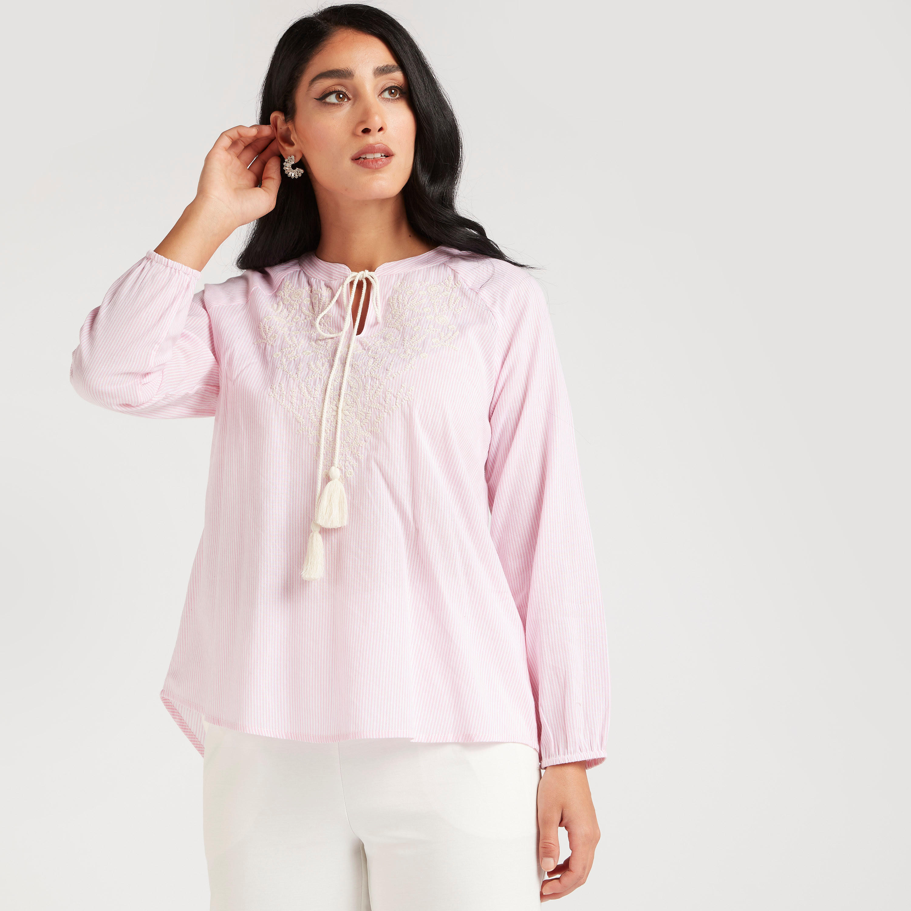 Embroidered Top with Neck Tie-Ups and Long Sleeves-women-clothing-shirtsandblouses-blouses-image-1