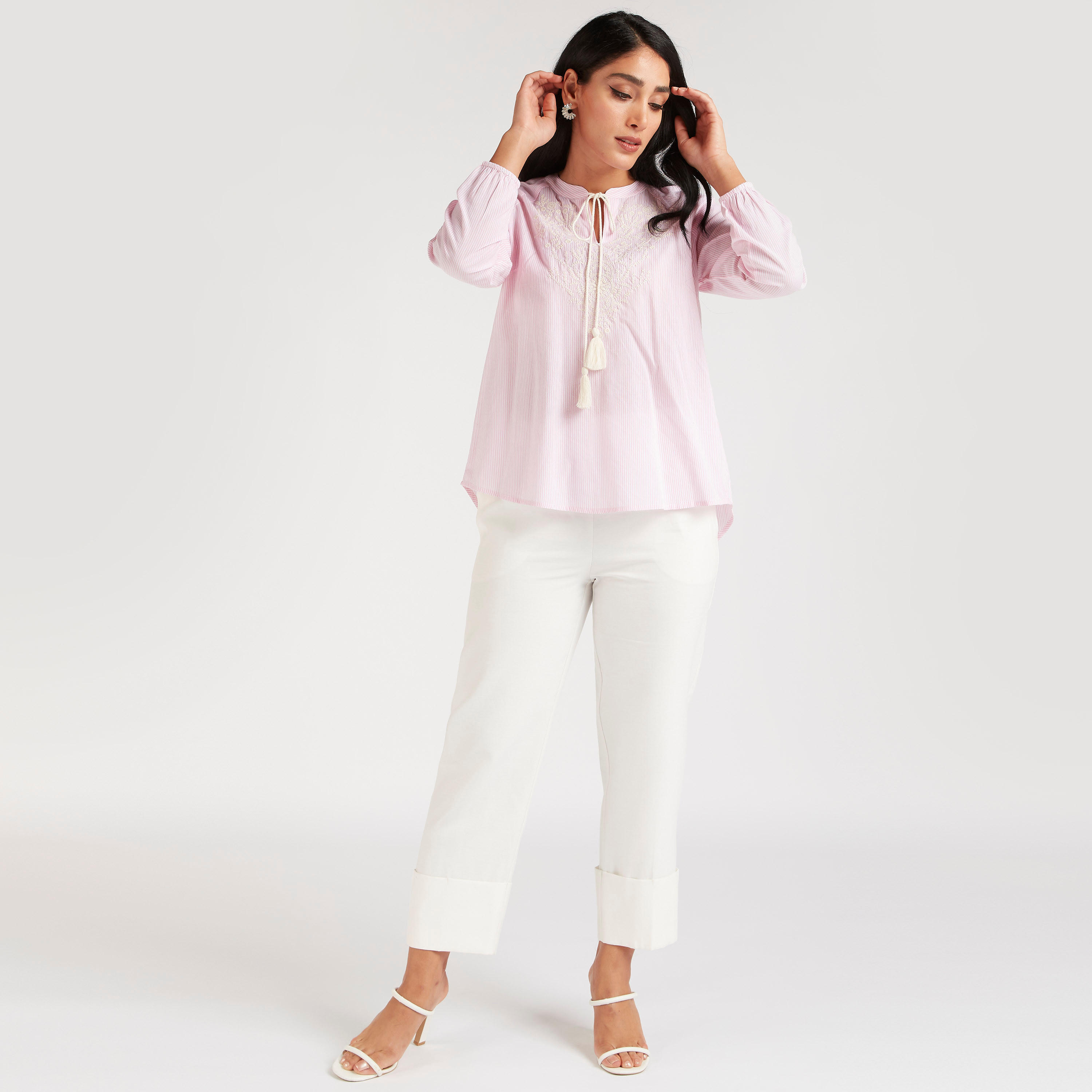 Embroidered Top with Neck Tie-Ups and Long Sleeves-women-clothing-shirtsandblouses-blouses-image-2