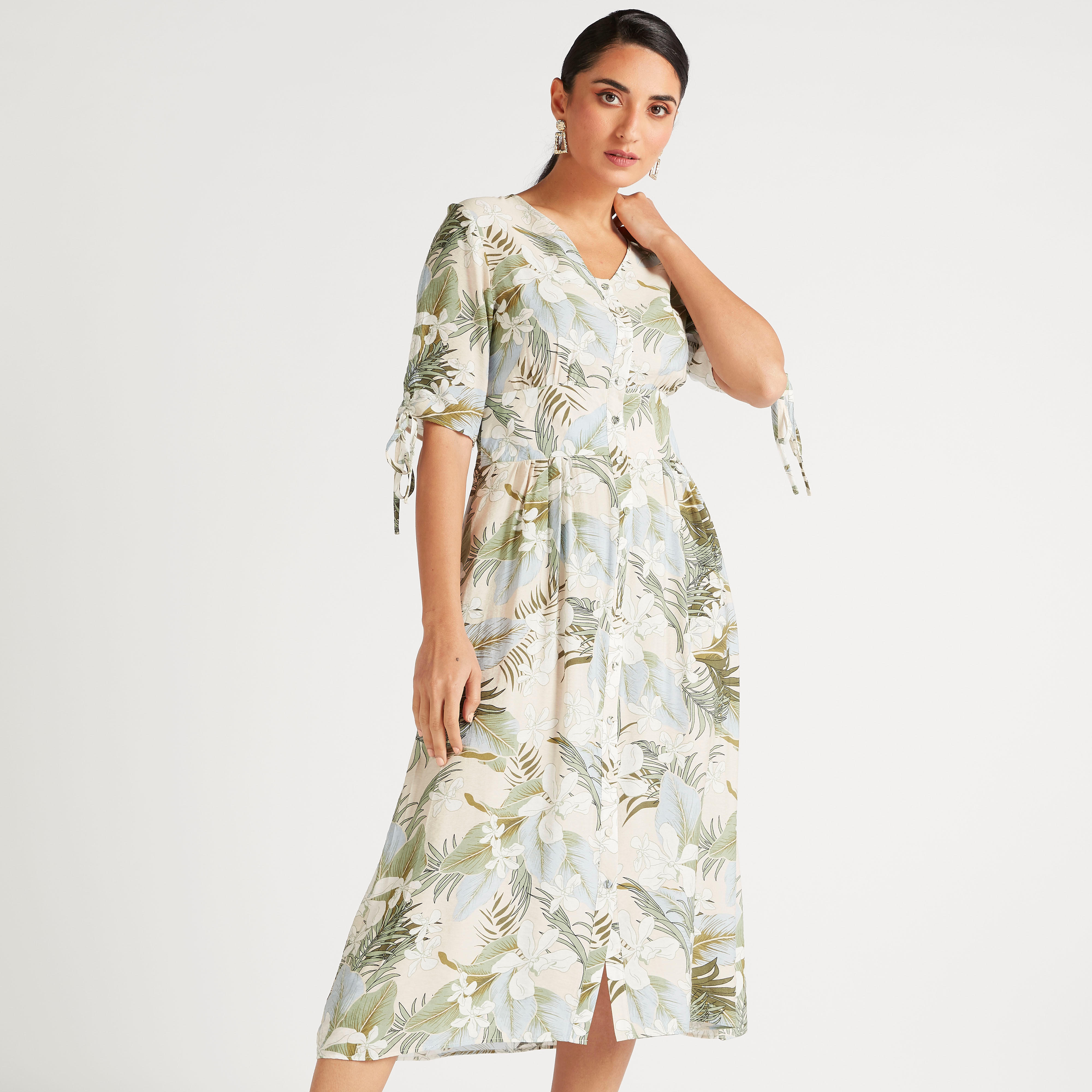 فستان ميدي إيه لاين بأكمام قصيرة وطبعات استوائية-women-clothing-dresses-image-1