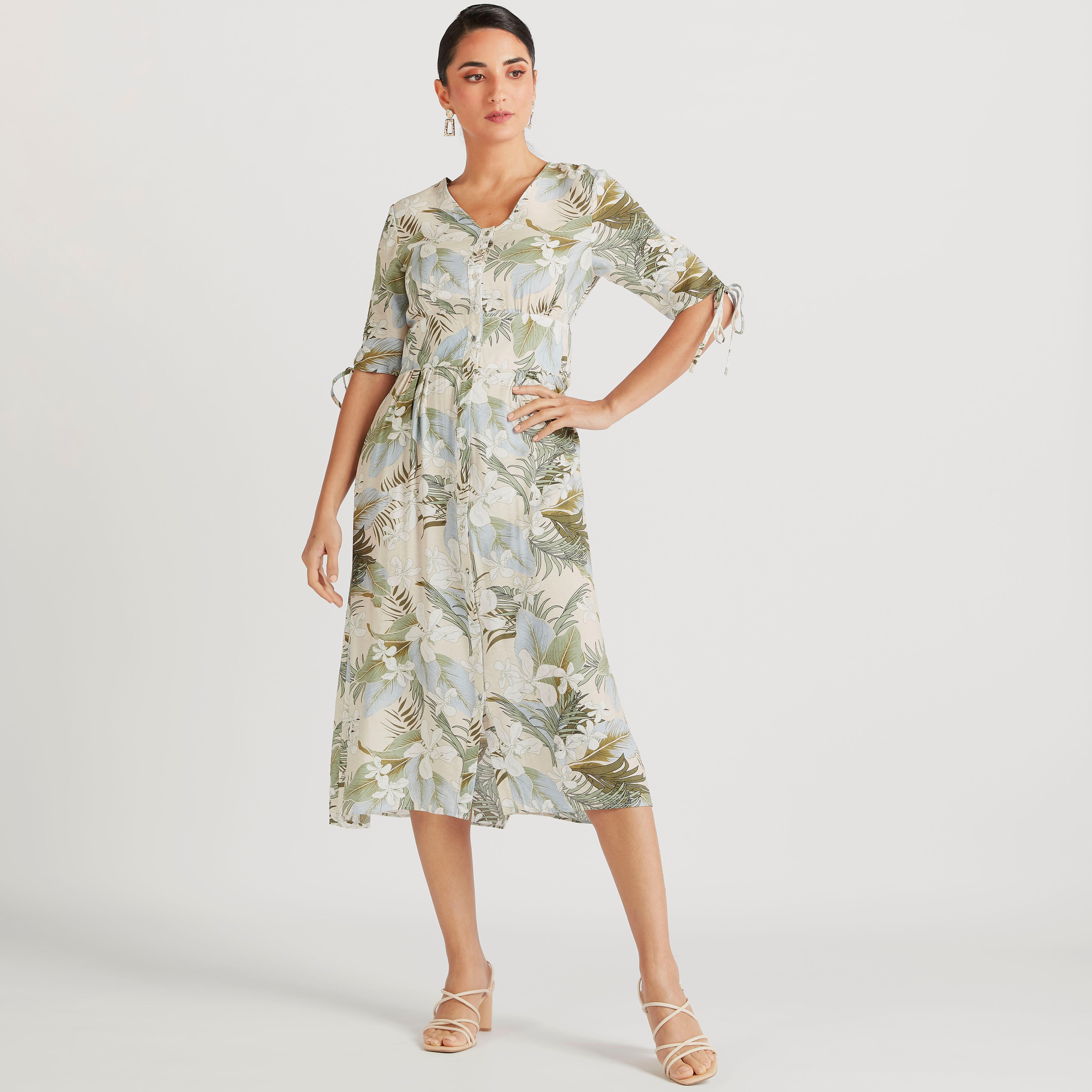 فستان ميدي إيه لاين بأكمام قصيرة وطبعات استوائية-women-clothing-dresses-image-2