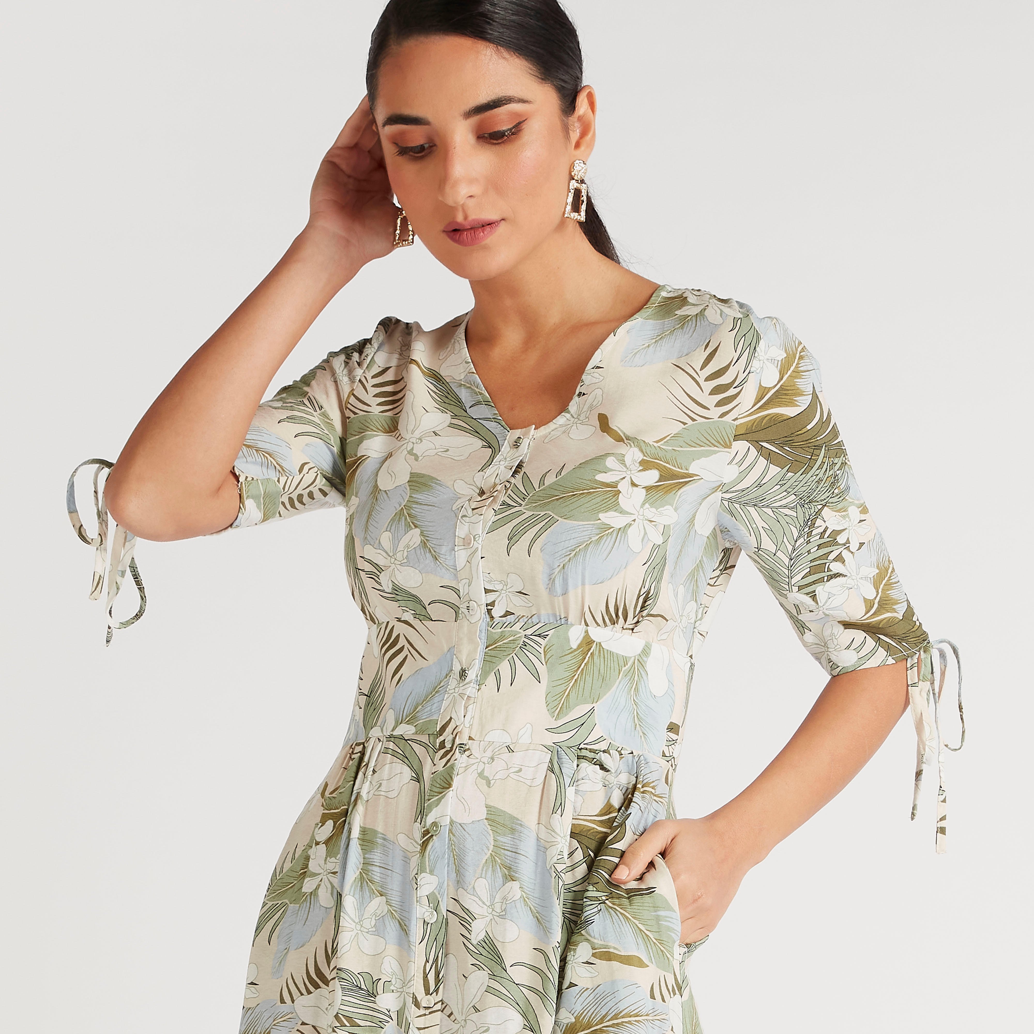 فستان ميدي إيه لاين بأكمام قصيرة وطبعات استوائية-women-clothing-dresses-image-3