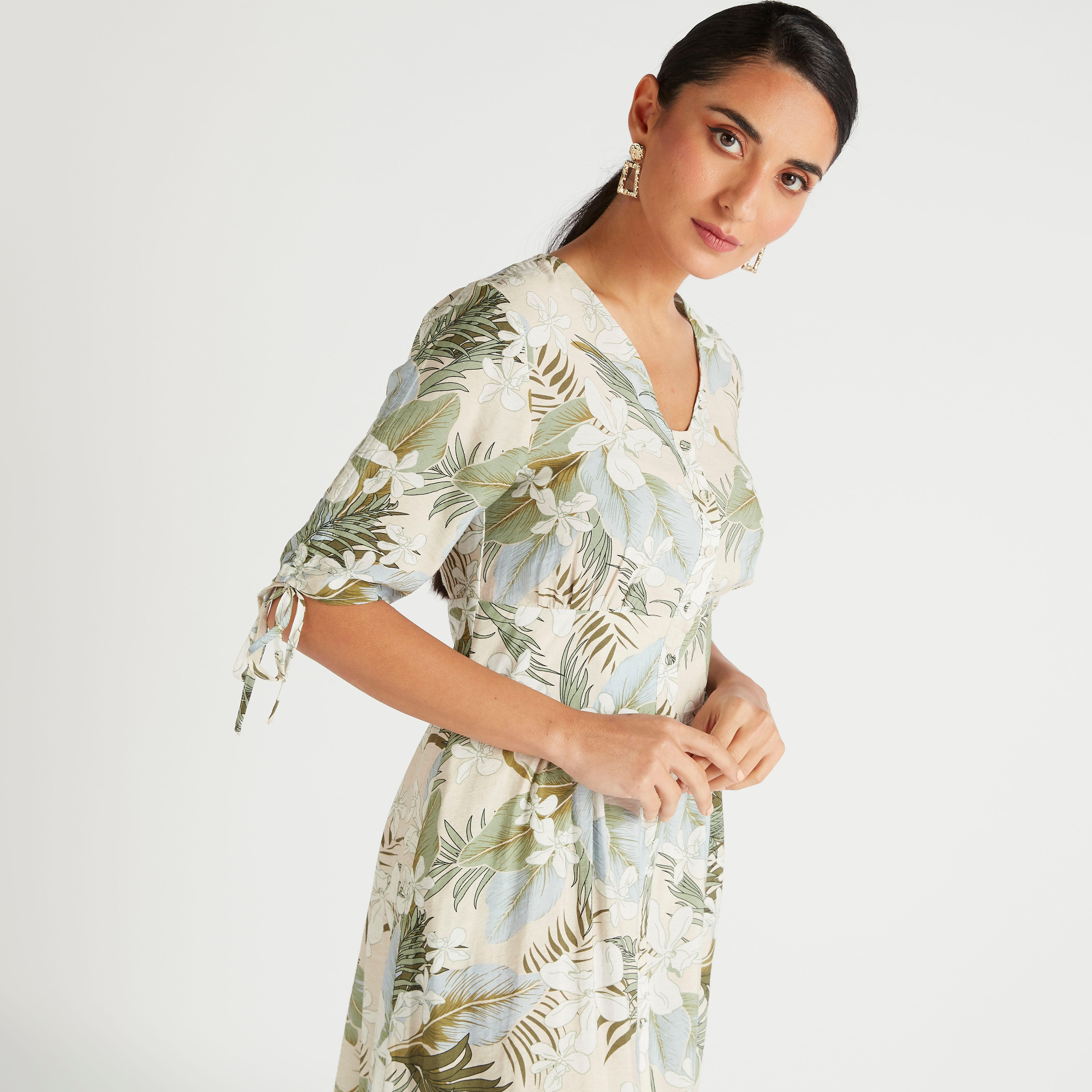 فستان ميدي إيه لاين بأكمام قصيرة وطبعات استوائية-women-clothing-dresses-image-5
