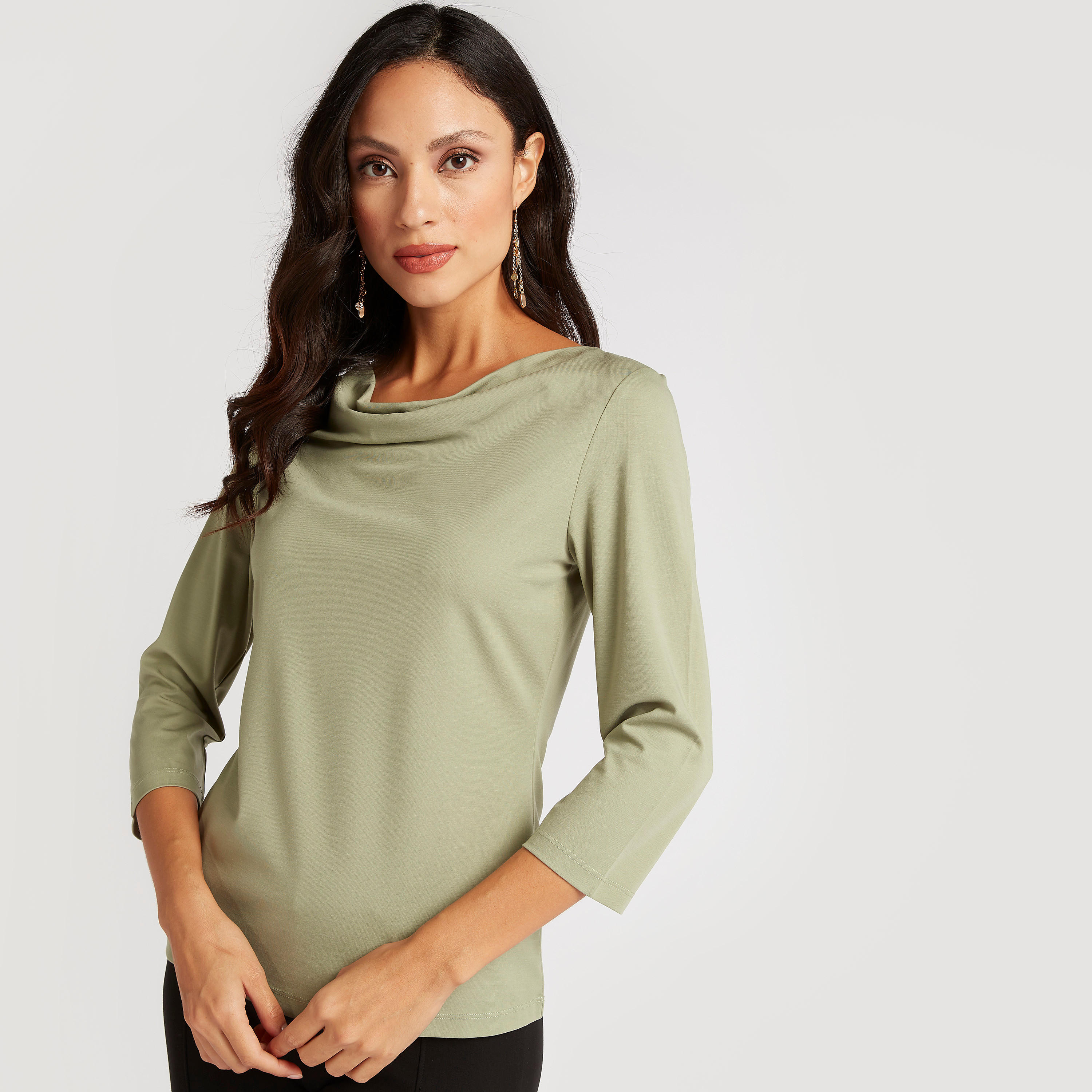 بلوزة سادة بياقة منسدلة وأكمام 3/4-women-clothing-shirtsandblouses-blouses-image-4