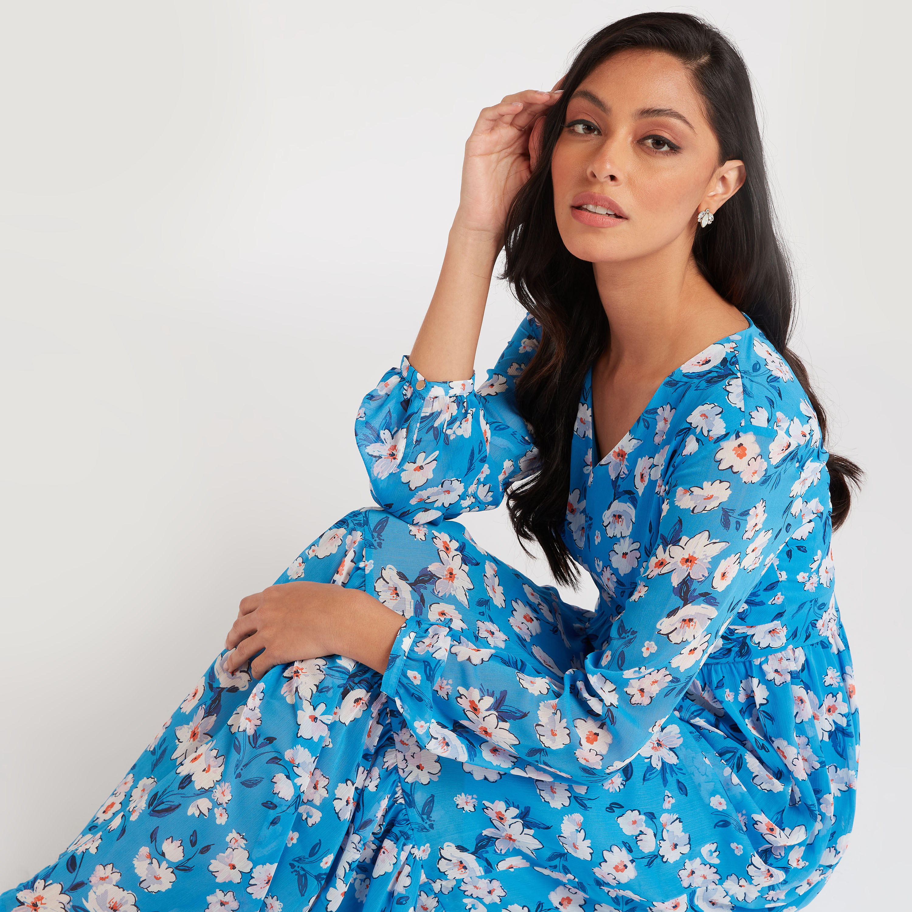 فستان إيه لاين طويل بياقة v وطبعات أزهار-women-clothing-dresses-image-1
