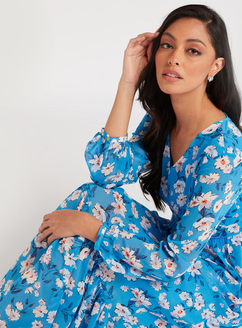 فستان إيه لاين طويل بياقة v وطبعات أزهار-women-clothing-dresses-image-1