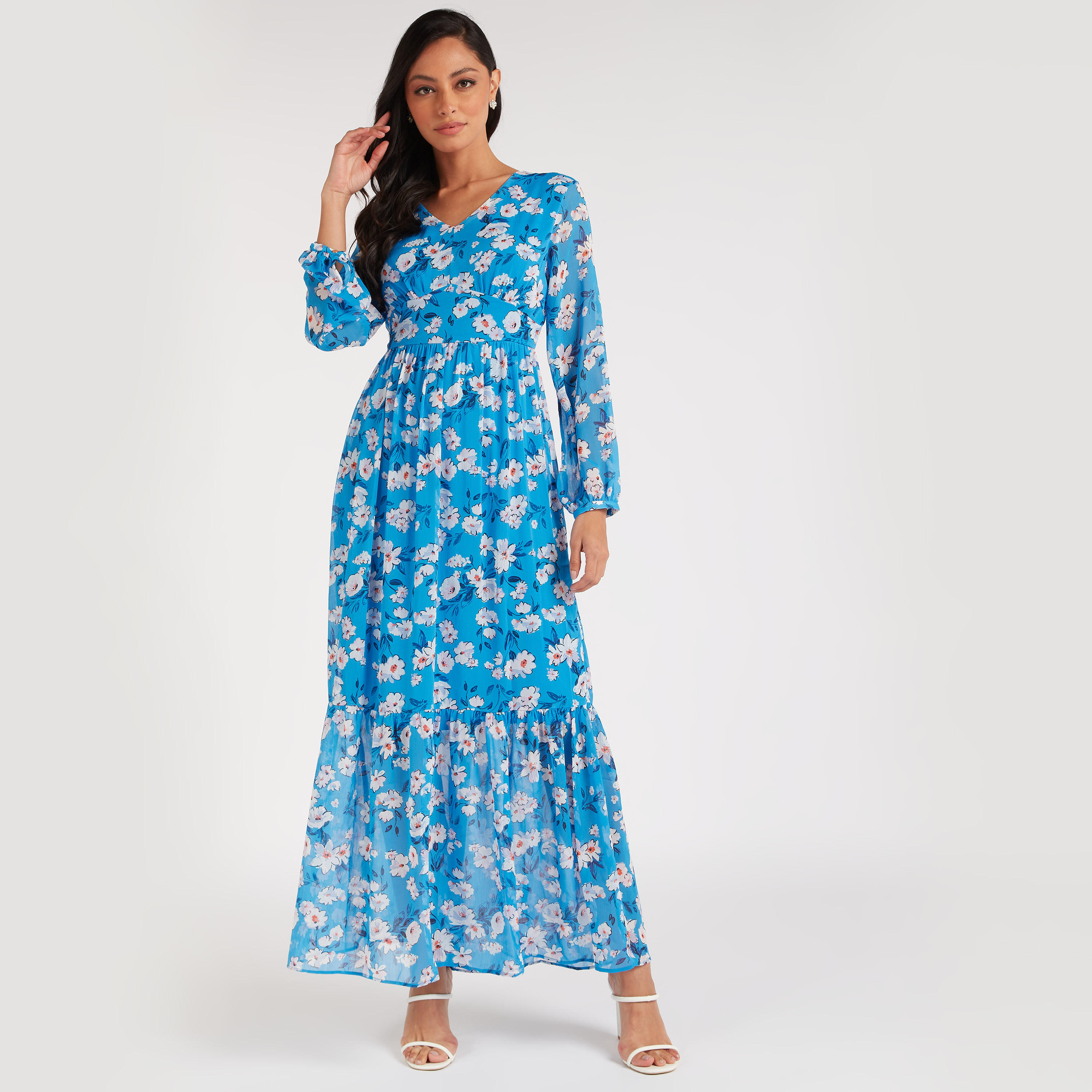 فستان إيه لاين طويل بياقة v وطبعات أزهار-women-clothing-dresses-image-2
