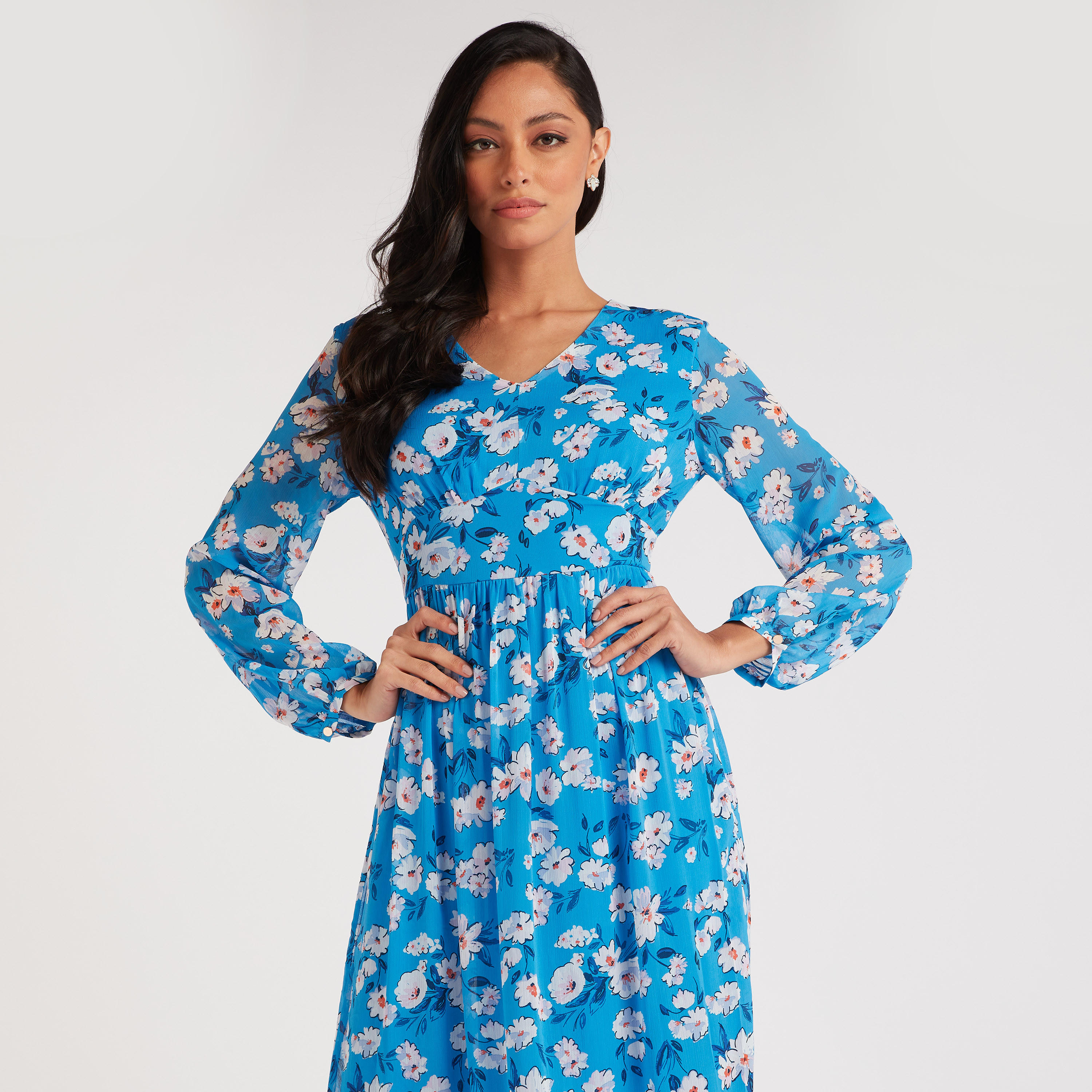 فستان إيه لاين طويل بياقة v وطبعات أزهار-women-clothing-dresses-image-3