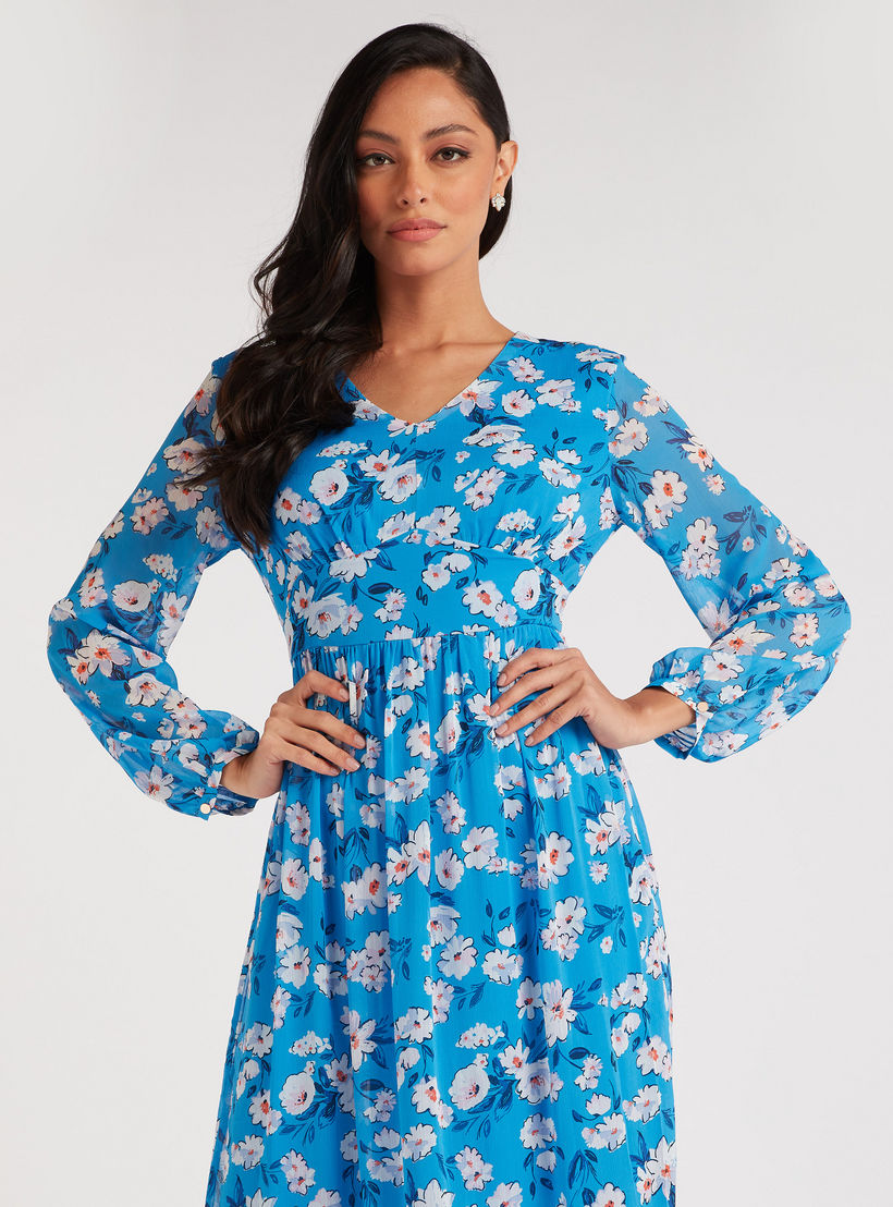 فستان إيه لاين طويل بياقة v وطبعات أزهار-women-clothing-dresses-image-3