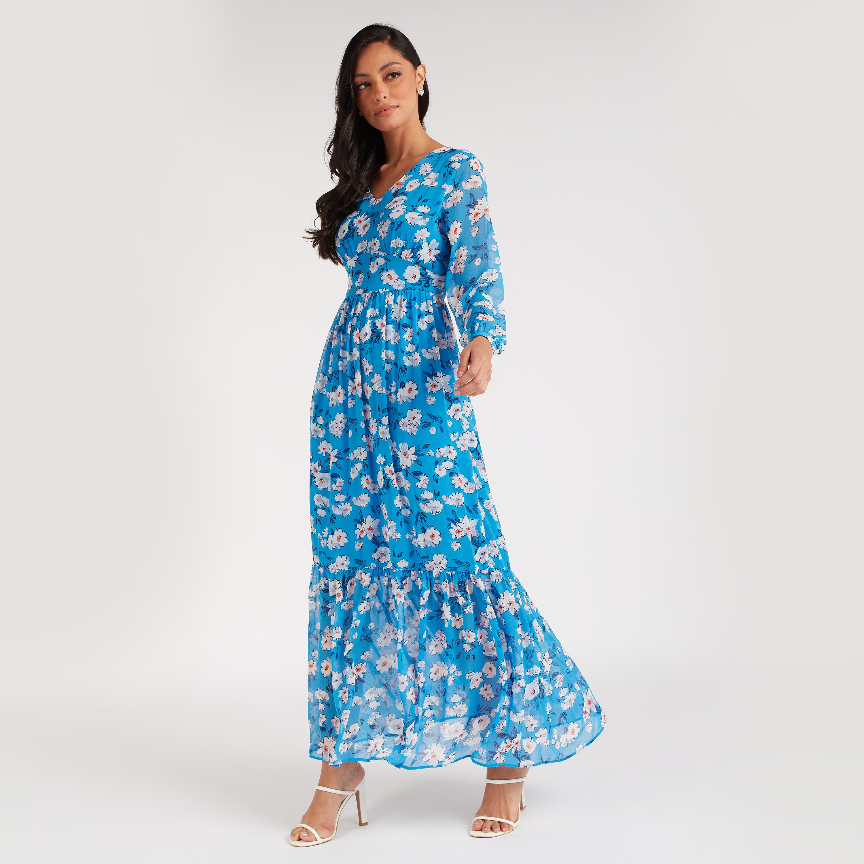 فستان إيه لاين طويل بياقة v وطبعات أزهار-women-clothing-dresses-image-6