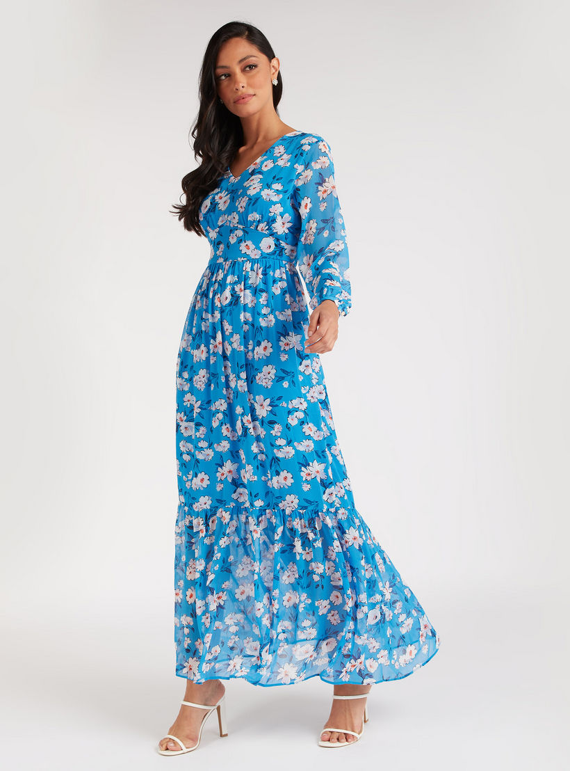 فستان إيه لاين طويل بياقة v وطبعات أزهار-women-clothing-dresses-image-6