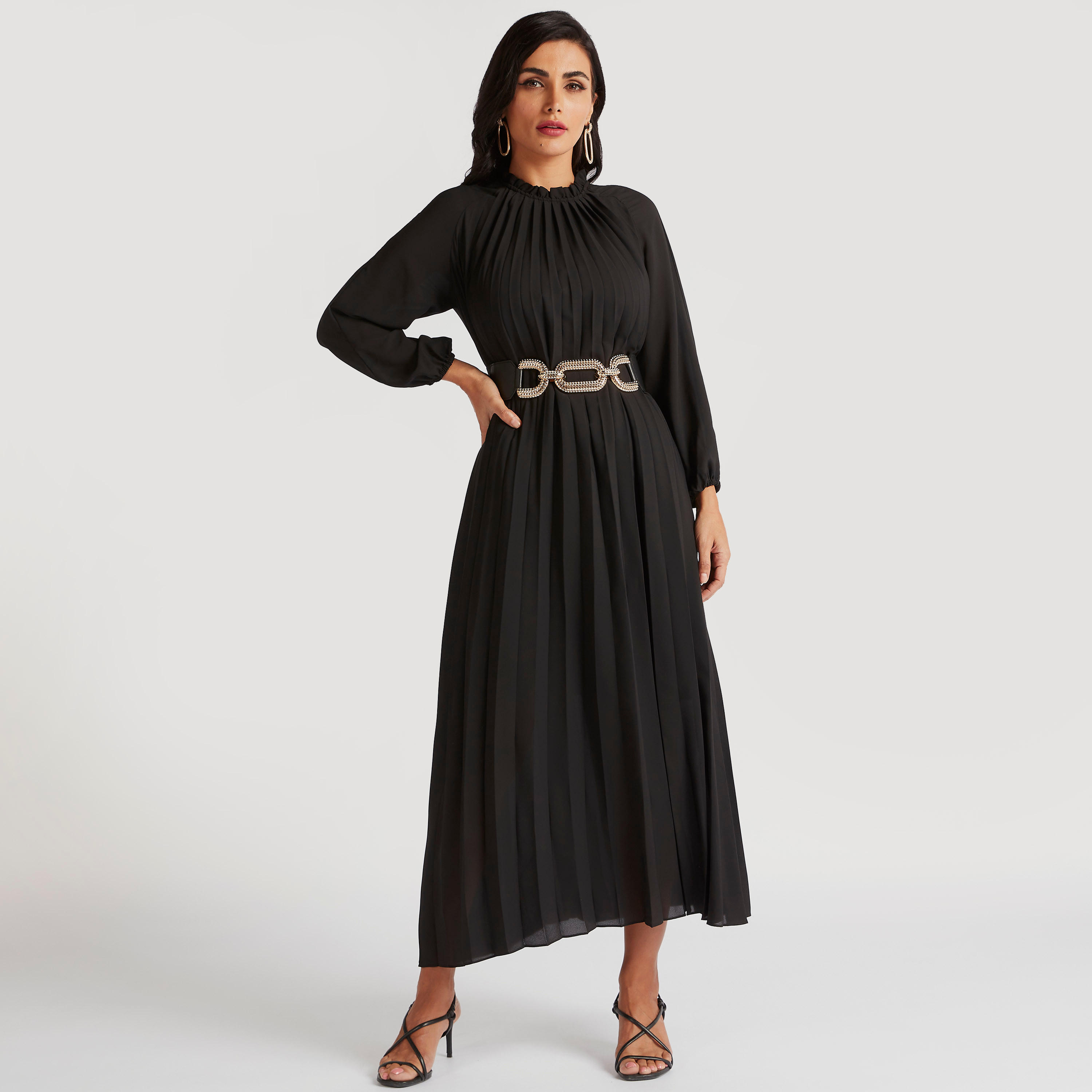 Solid A-Line Maxi Accordion Dress with Long Sleeves-women-clothing-dresses-image-1