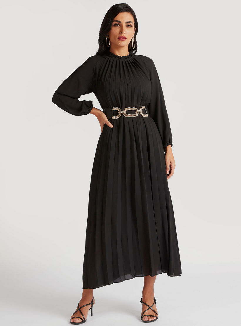 Solid A-Line Maxi Accordion Dress with Long Sleeves-women-clothing-dresses-image-1